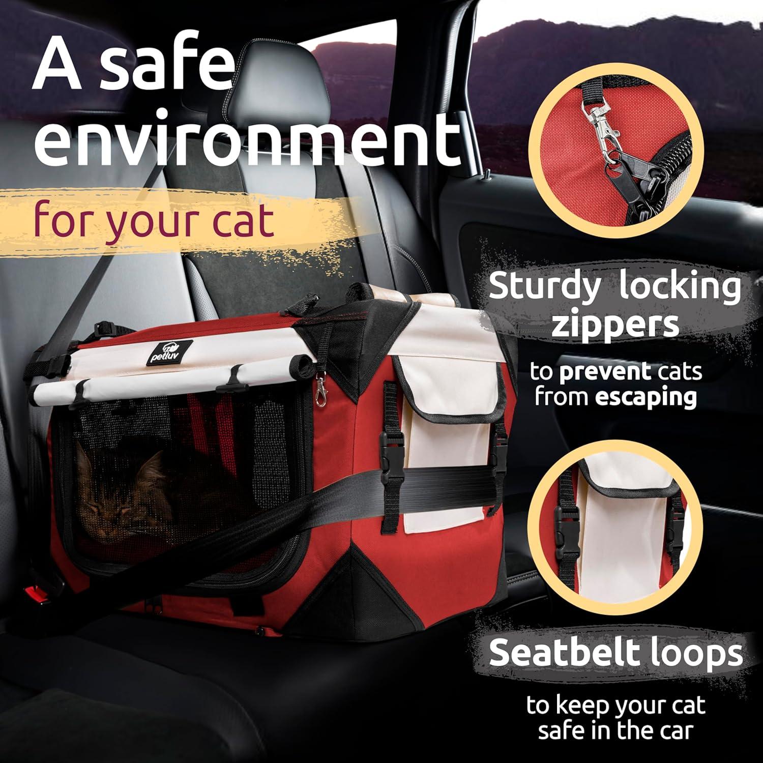 PetLuv Cat & Dog Carrier Foldable Pet Travel Crate, Removable Plush Pillow, Privacy Windows, Locking Zippers, Pocket, Seatbelt Straps, Medium Red