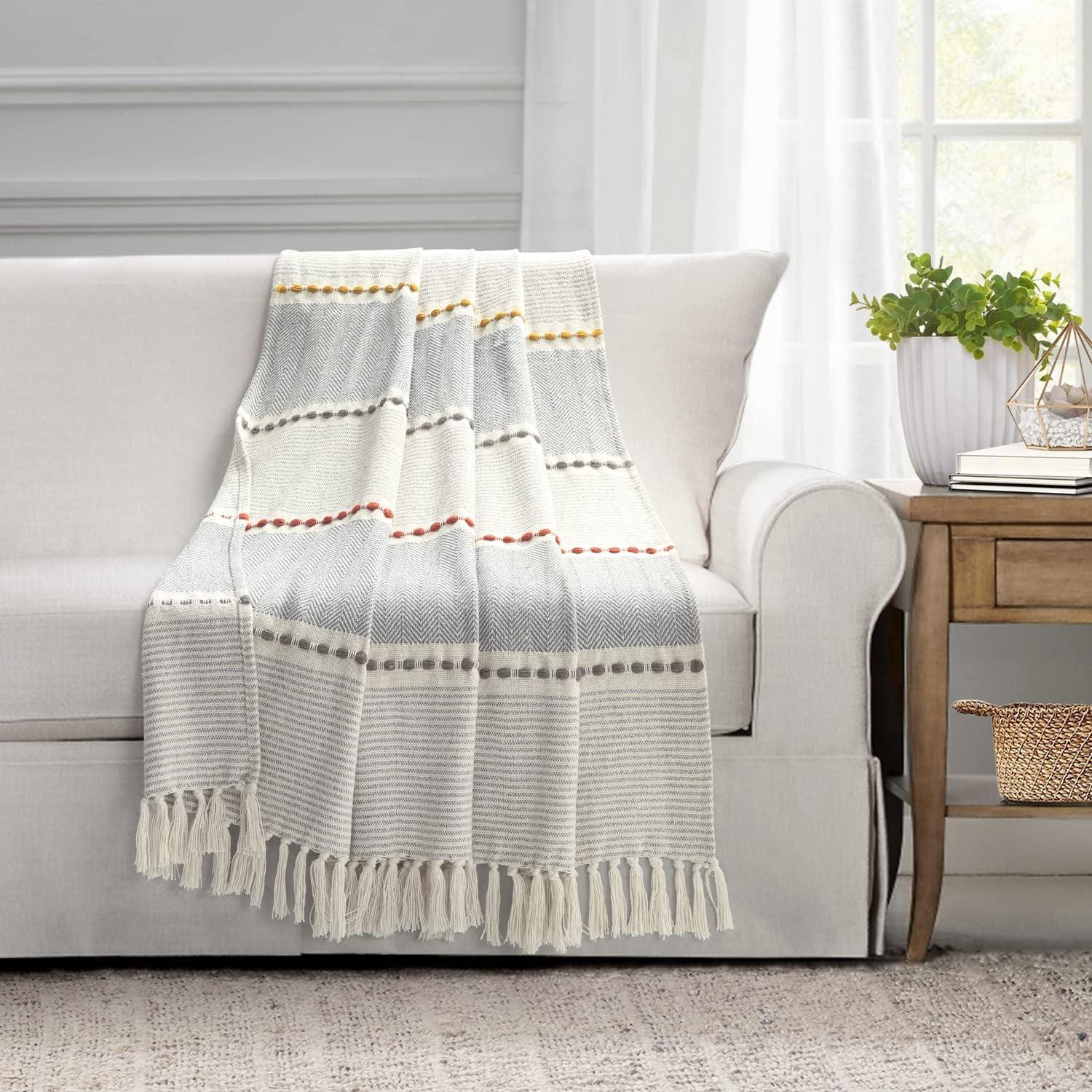 Yellow and Gray Cotton Herringbone Tassel Throw Blanket