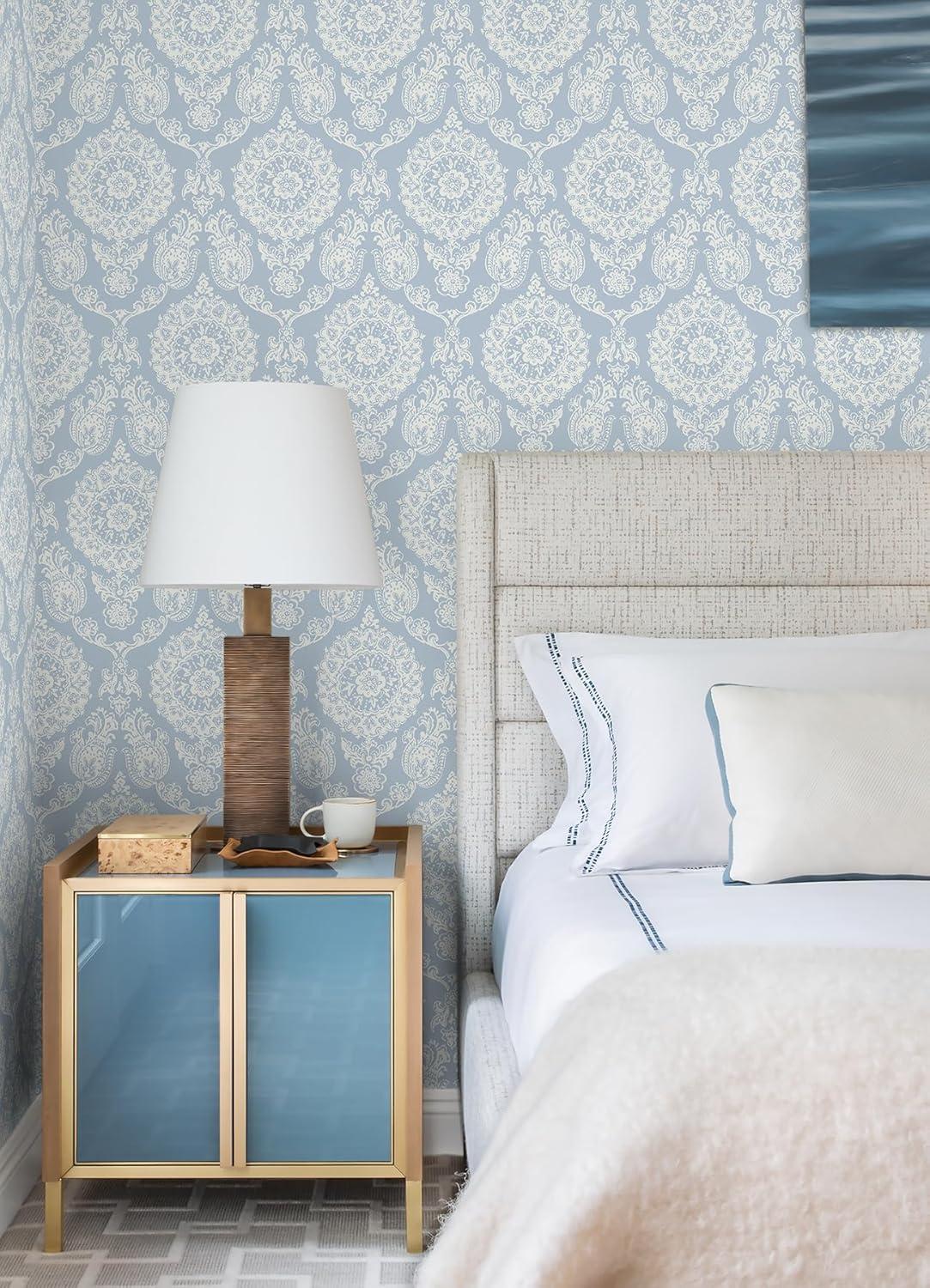 Helm Damask Light Blue and White Floral Medallion Wallpaper