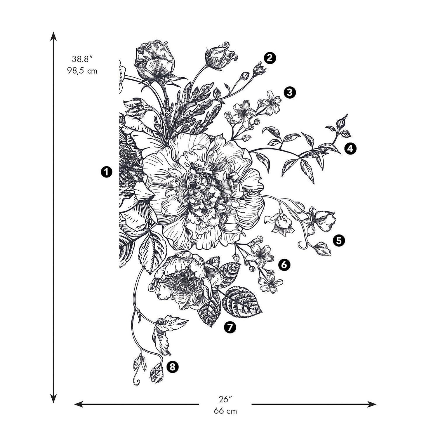 RoomMates Peony Peel and Stick Giant Wall Decal Black/White: Vinyl Self-Adhesive Modern Botanical Decor, 10pc