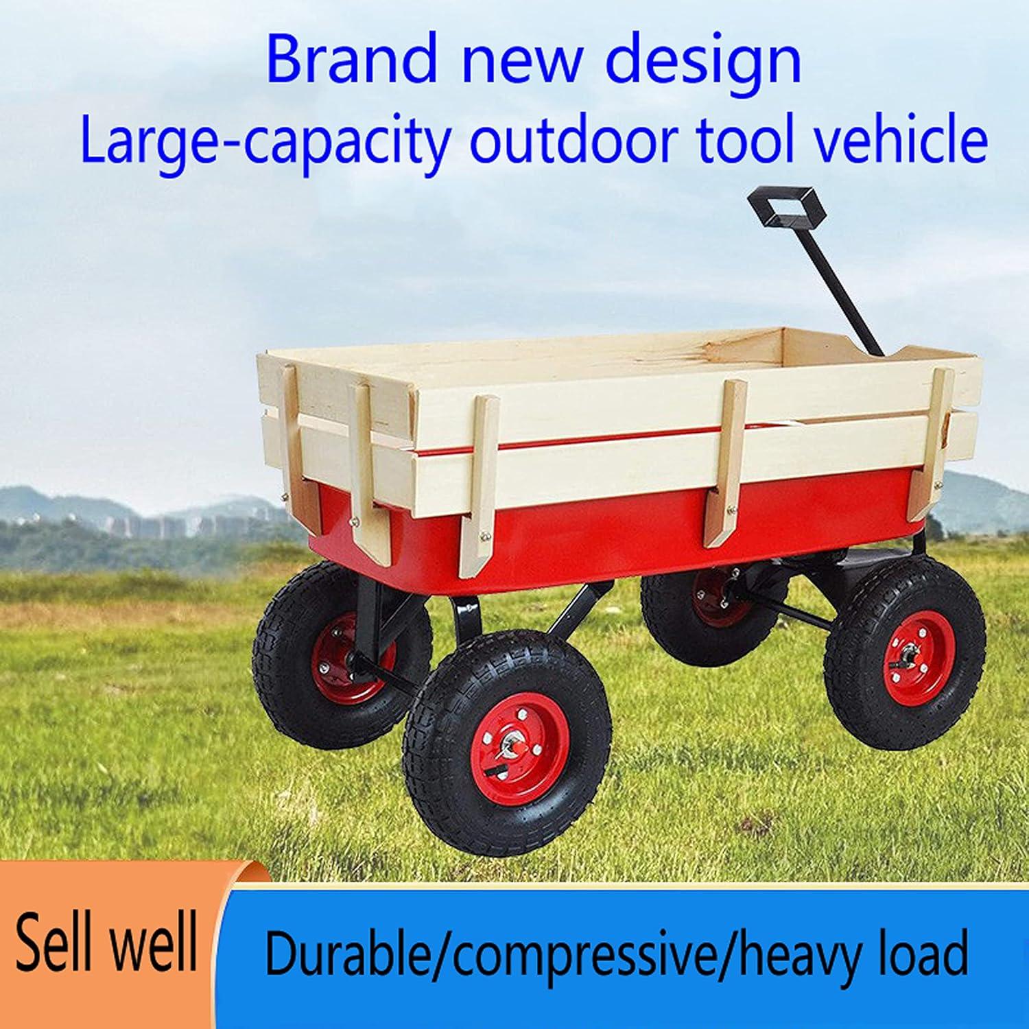 Red Iron Frame Outdoor Wagon with Wooden Panels