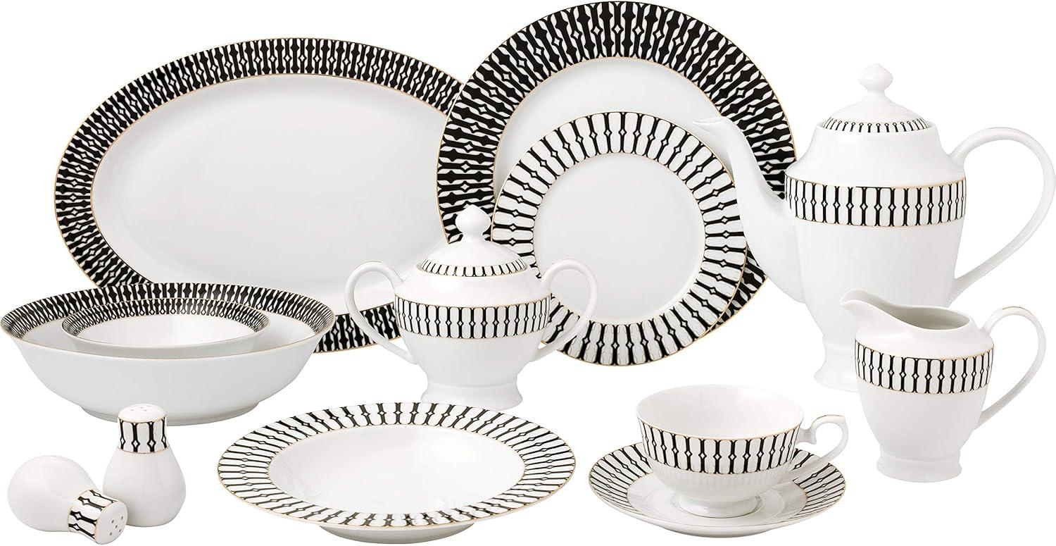 Lorren Home Trends Fiesta-57 57 Piece La Luna New Bone China Black & White Dinnerware Set, Service for 8