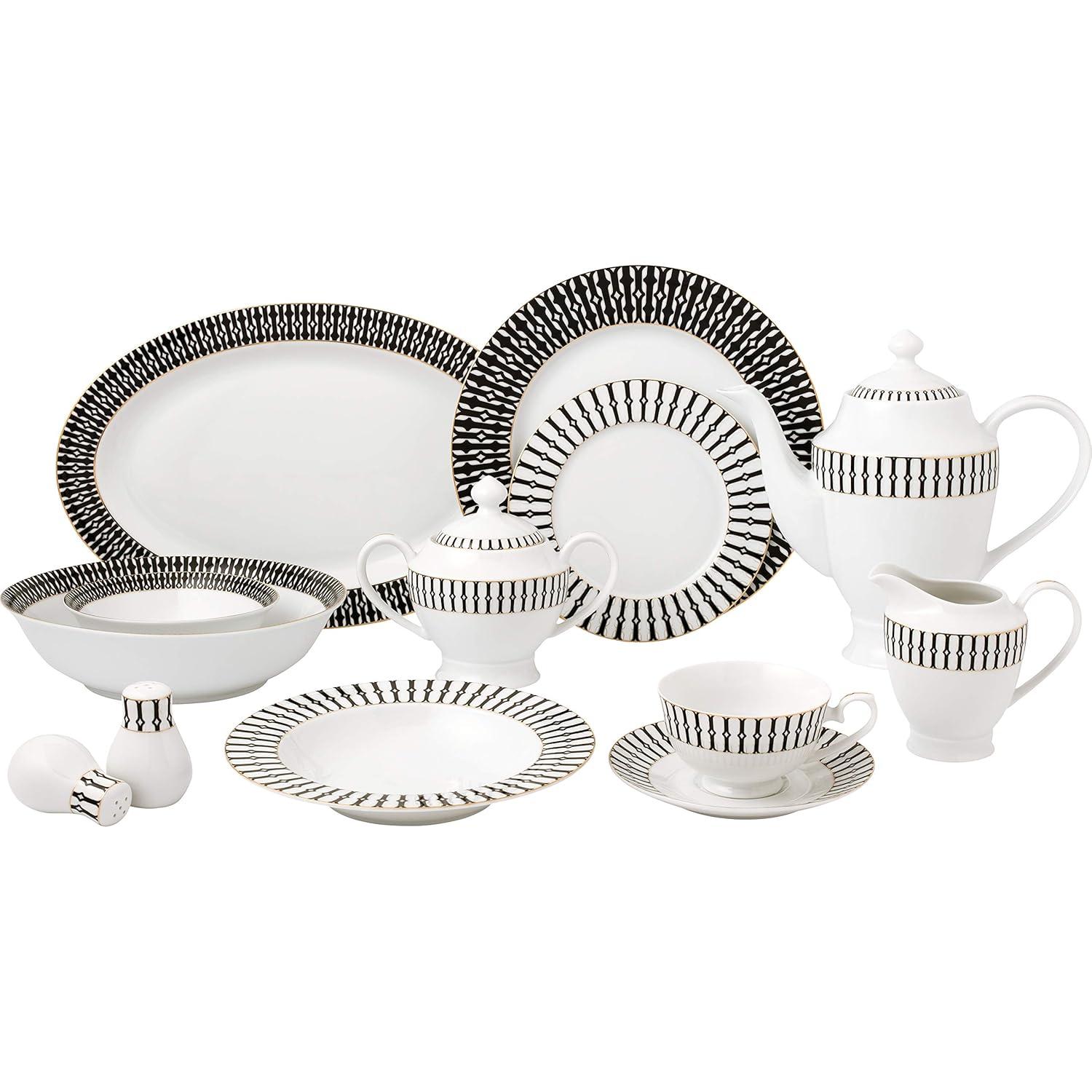 Lorren Home Trends Fiesta-57 57 Piece La Luna New Bone China Black & White Dinnerware Set, Service for 8