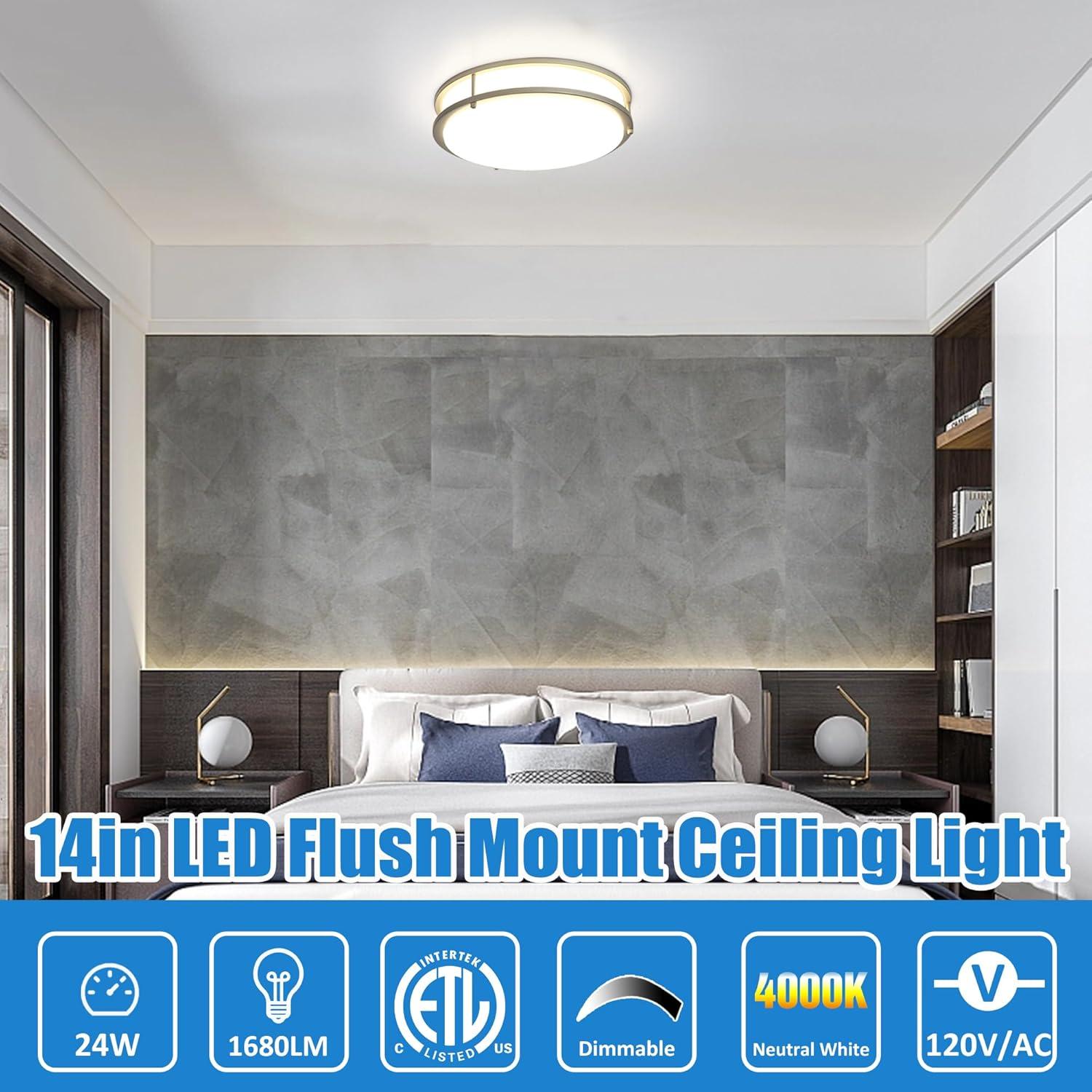 MingBright 14-Inch LED Flush Mount Ceiling Light Fixture, Dimmable Ceiling Lamps for Hallway, Bathroom or Kitchen, Damp Location Ceiling Lamp, 4000K Cool White Light, cETL Listed