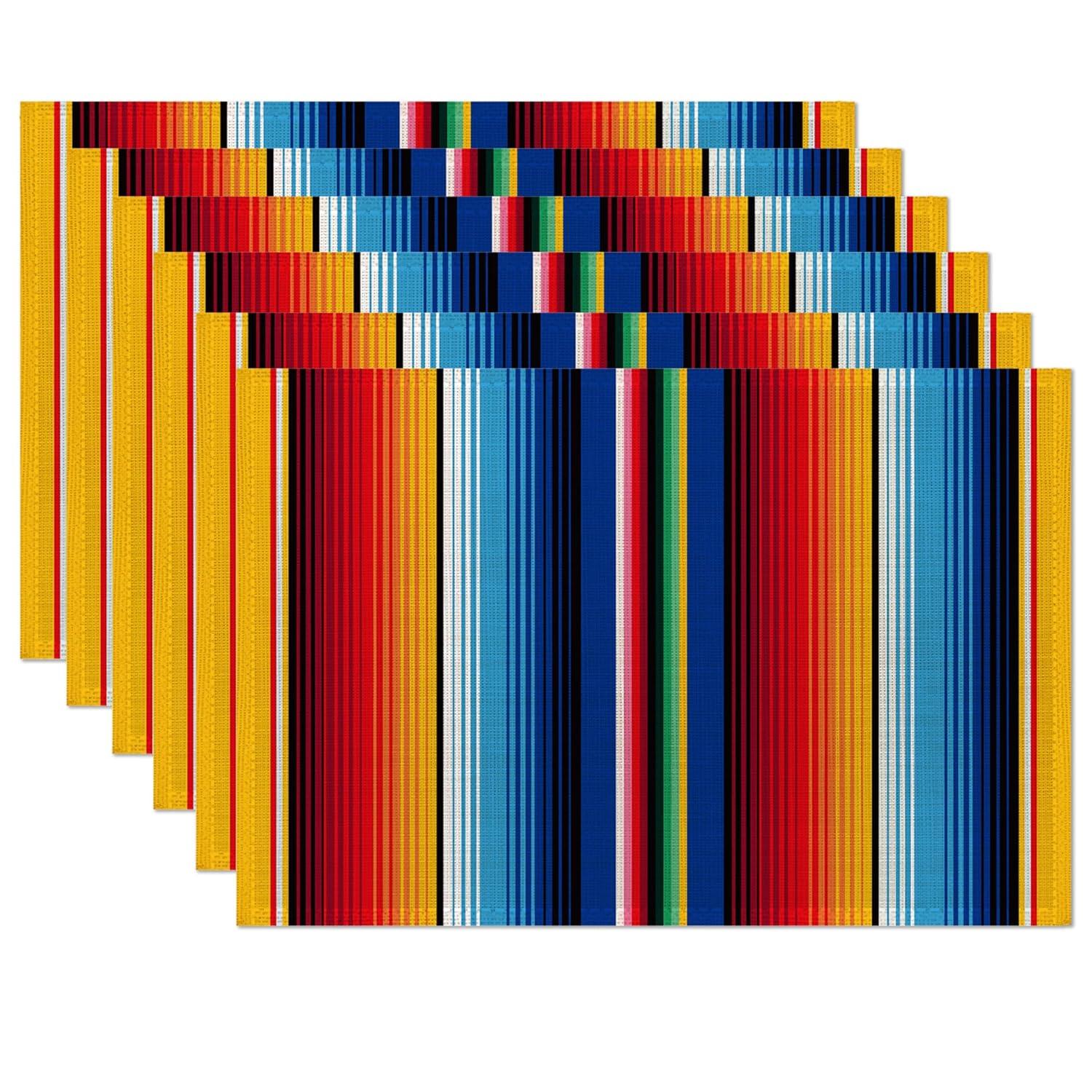 Rainbow Colorful Stripe Mexican Placemats Set of 6,Ethnic Mexican,Waterproof Non-Slip Washable Table Mats Set for Kitchen Dining Holiday Party Wedding Decor 12x18 Inch