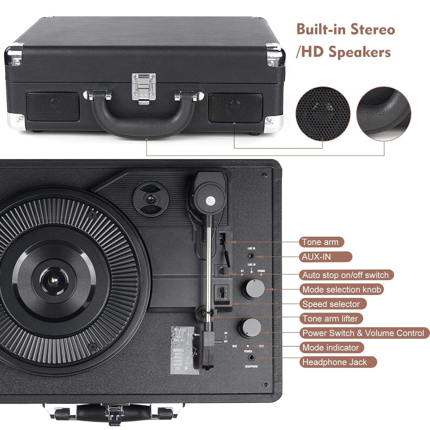 DIGITNOW Bluetooth Record Player 3 Speeds Turntable with Built-in Stereo Speakers, Suitcase Design - Black