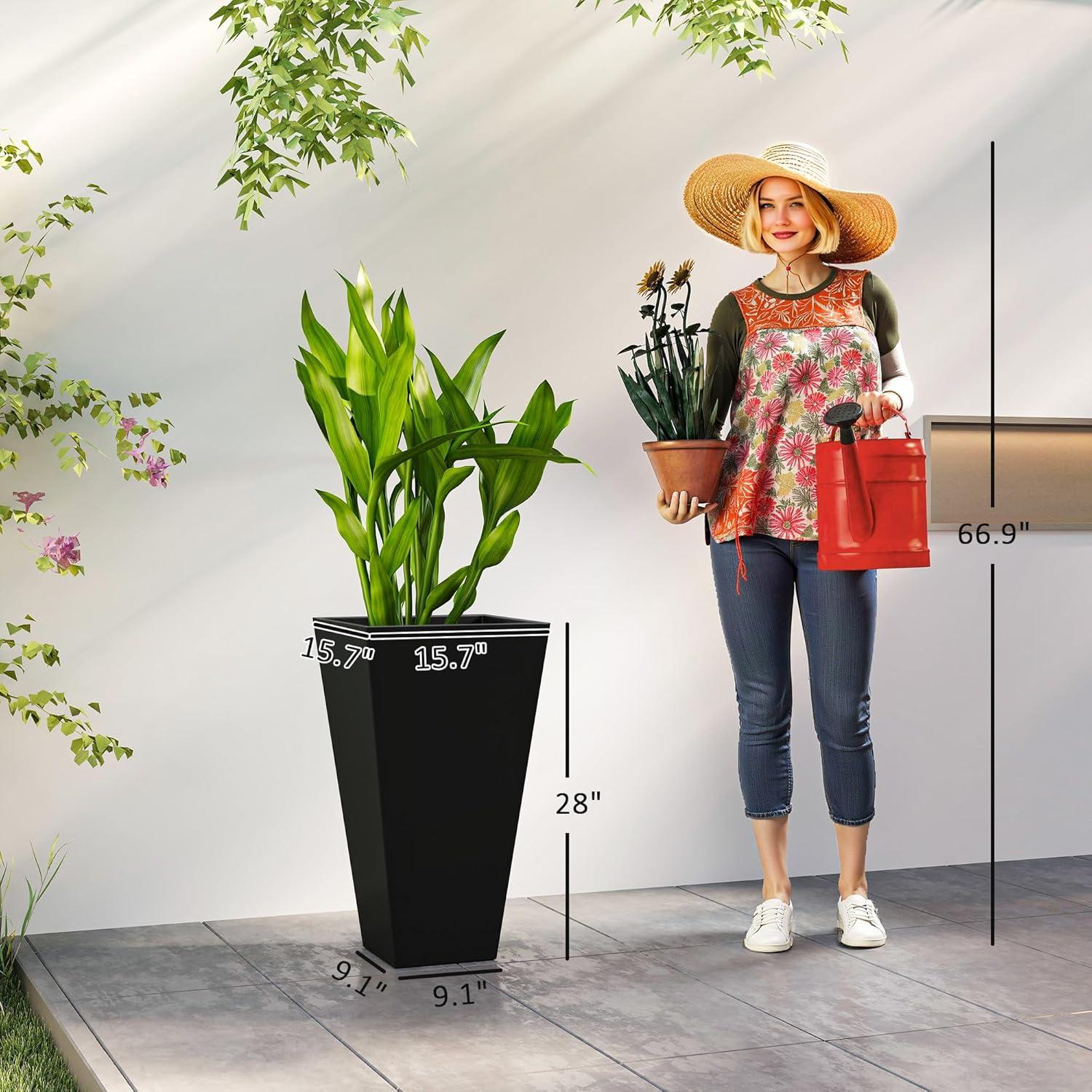 Outsunny Set of 3 Tall Planters with Drainage Hole, 28" Outdoor Flower Pots, Indoor Planters for Porch Patio and Deck, Black