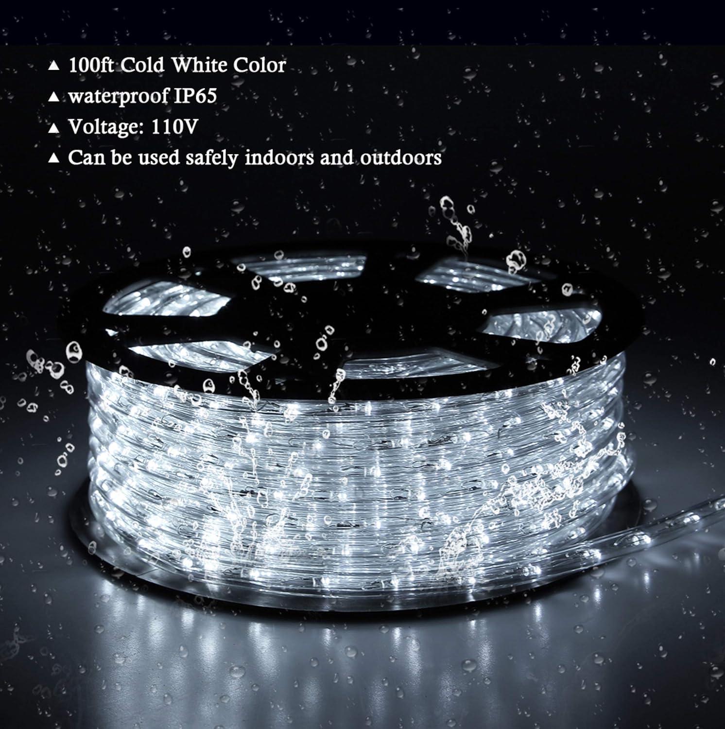 100ft Warm White LED Rope Lights for Outdoor Christmas