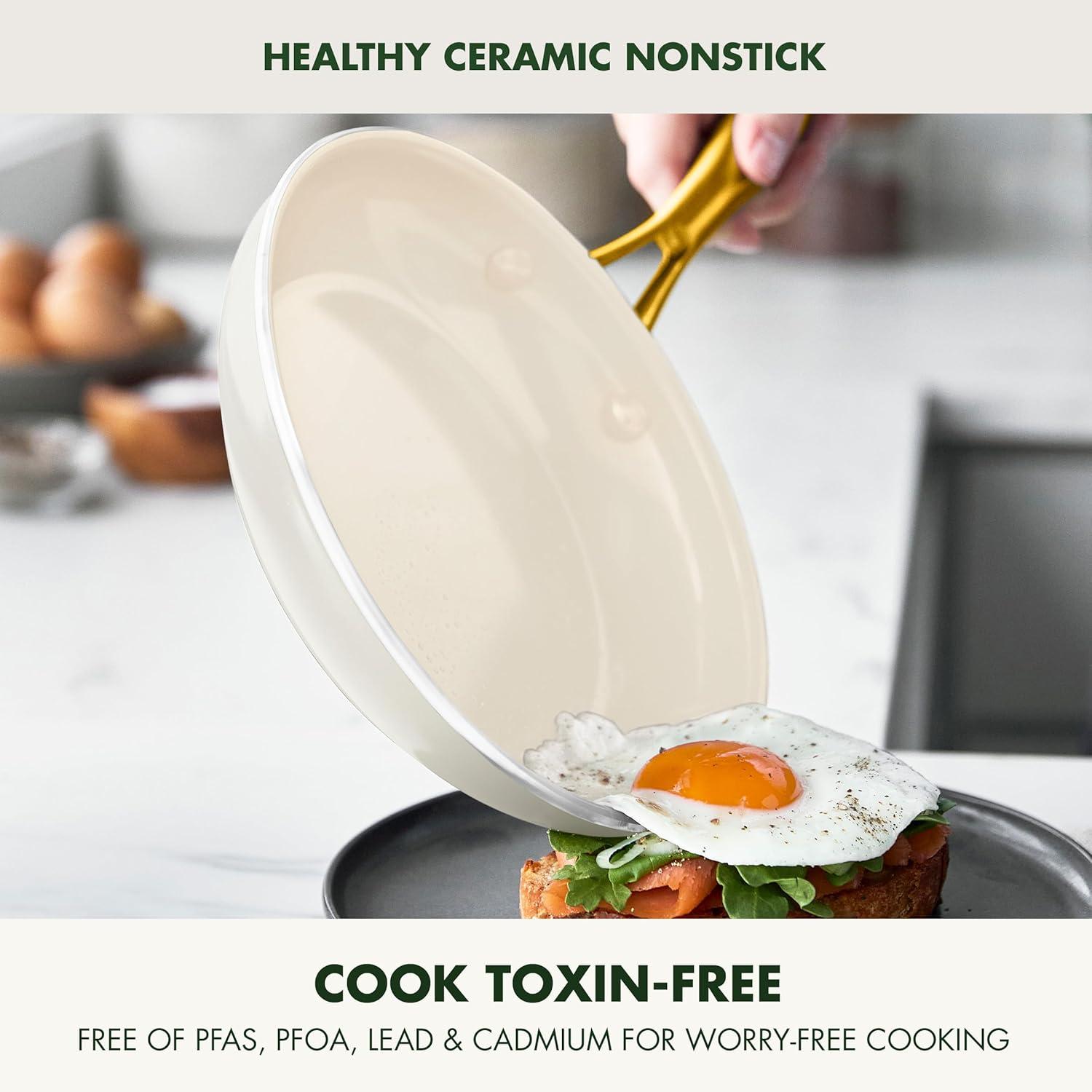 Cream Aluminum Nonstick 12-Piece Cookware Set with Gold Handles