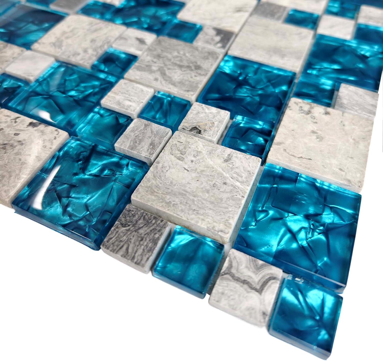 Premium Teal Blue Crystal Glass & Grey Stone Tile Modern Bathroom Shower Wall Versaille Patterns Mosaic for Kitchen Fireplace Decor (3"x12" Sample)