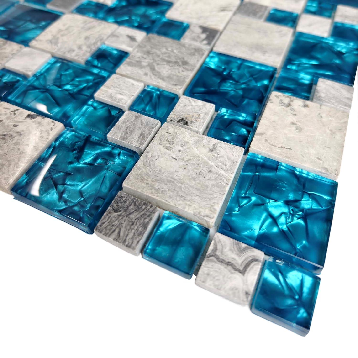 Premium Teal Blue Crystal Glass & Grey Stone Tile Modern Bathroom Shower Wall Versaille Patterns Mosaic for Kitchen Fireplace Decor (3"x12" Sample)