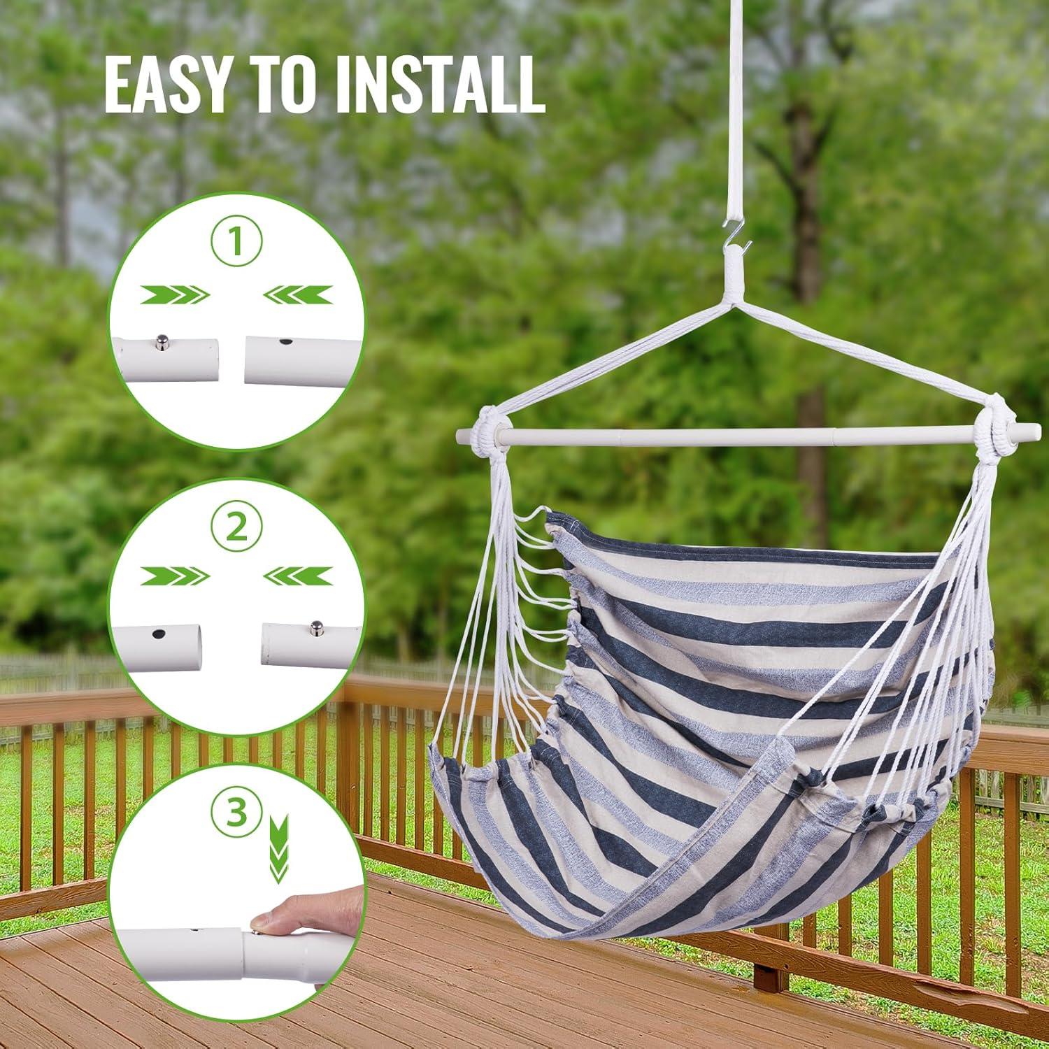 Backyard Expressions Striped Hammock Chair Hanging Rope Swing Chair, Anti Slip Steel Spreader Bar