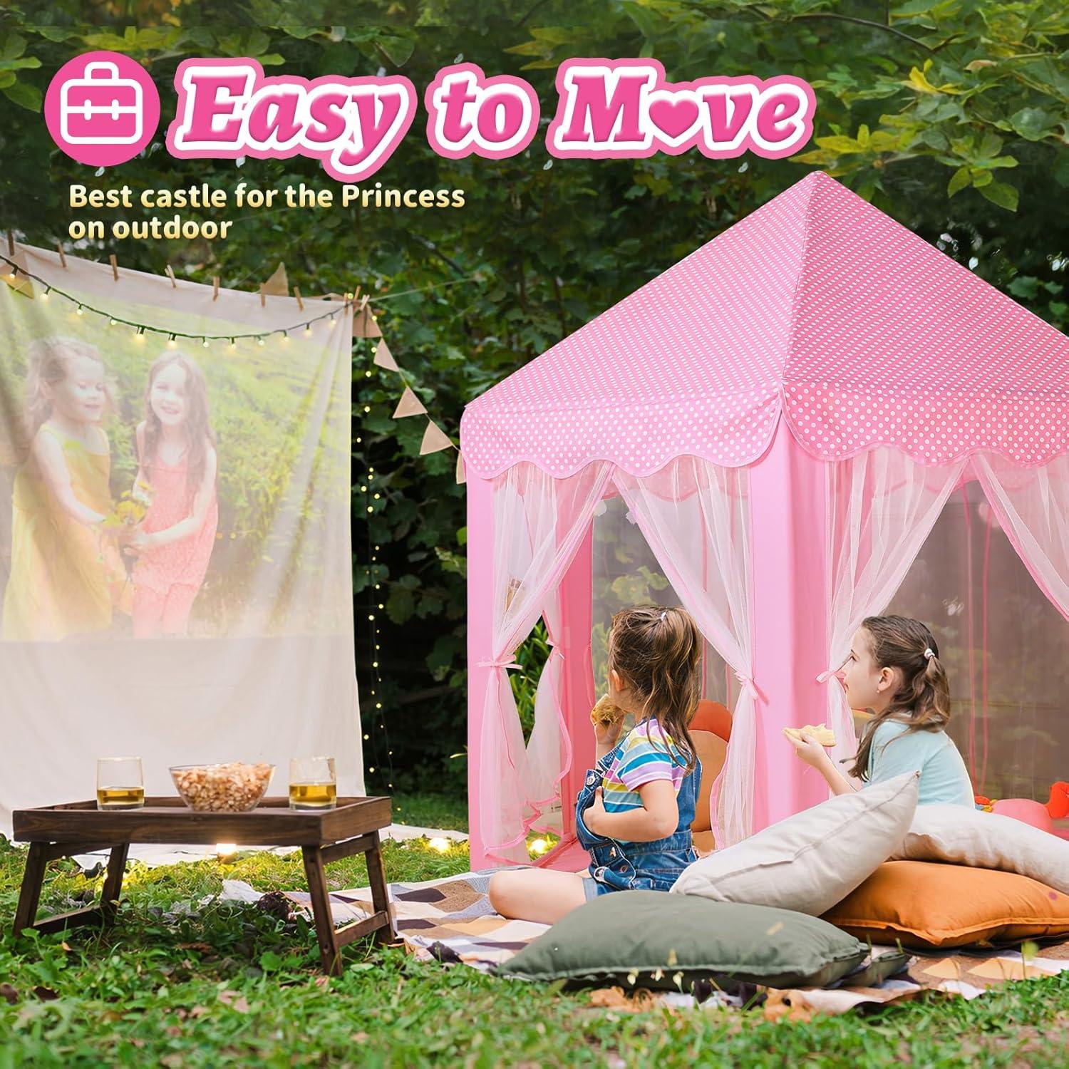 Princess Playhouse Play Tent with LED Lights, Large Collapsible Indoor / Outdoor Kids Teepee with Carrying Bag