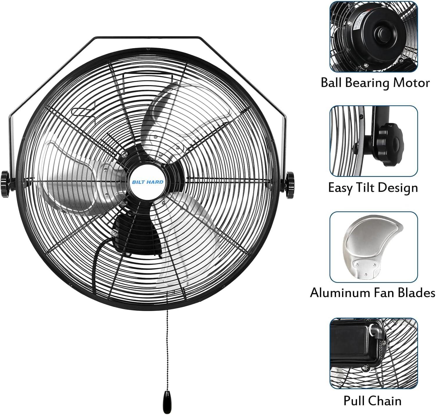 BILT HARD 18" Industrial Wall Mount Fan, 3-Speeds High Velocity Wall Fan with Sealed Motor, 4300 CFM Heavy Duty Metal Barn Fans