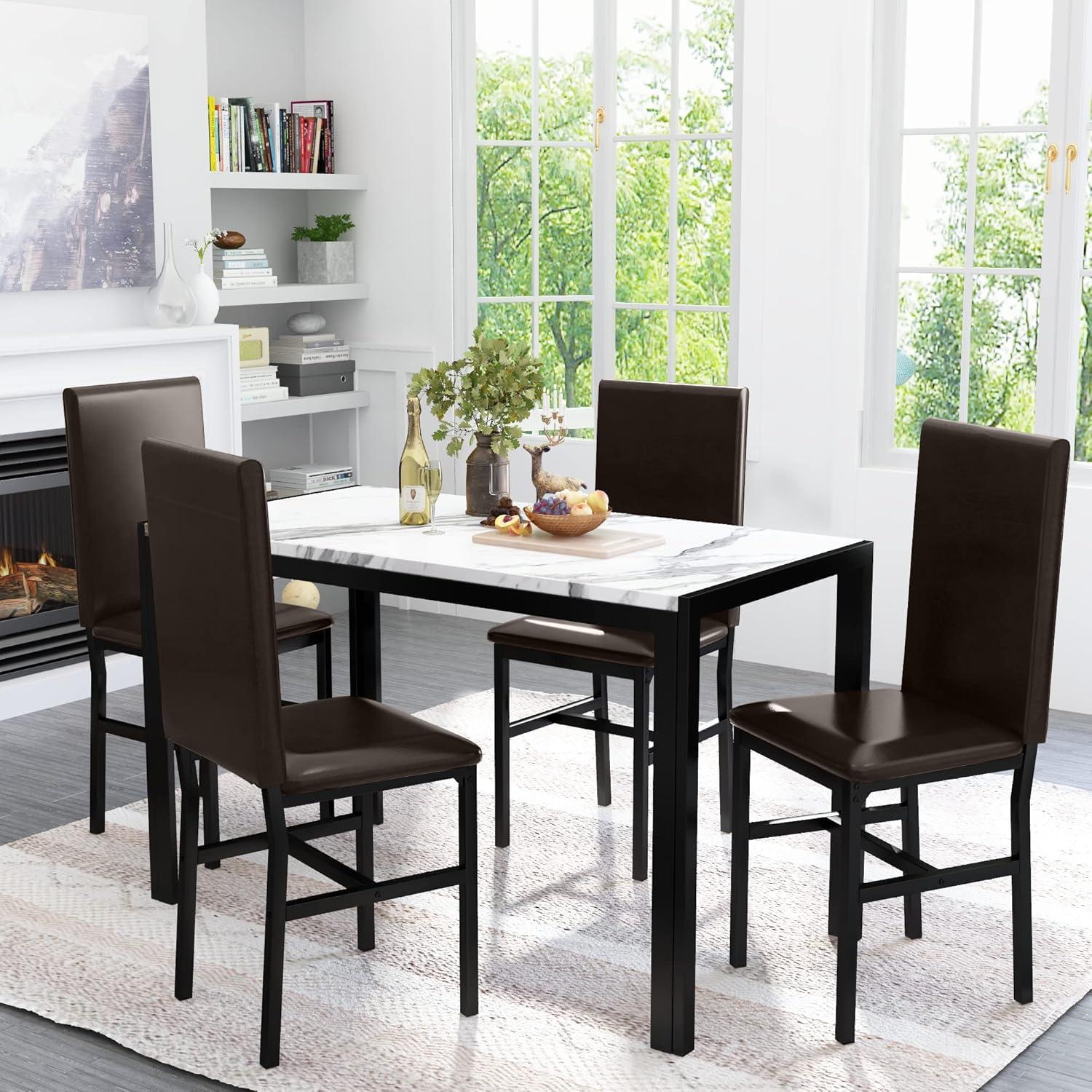 5 Piece Dining Set, Modern Dining Table and Chairs Set for 4, Kitchen Dining Table Set with Faux Marble Tabletop and 4 PU Leather Upholstered Chairs, for Small Space, Breakfast Nook, D8835