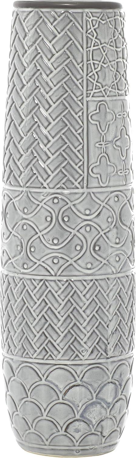 DecMode Gray Eclectic Ceramic Decorative Vase with Chevron, Scribbles, Curved Scales and Scrolling Vines Pattern, 7"W x 22"H