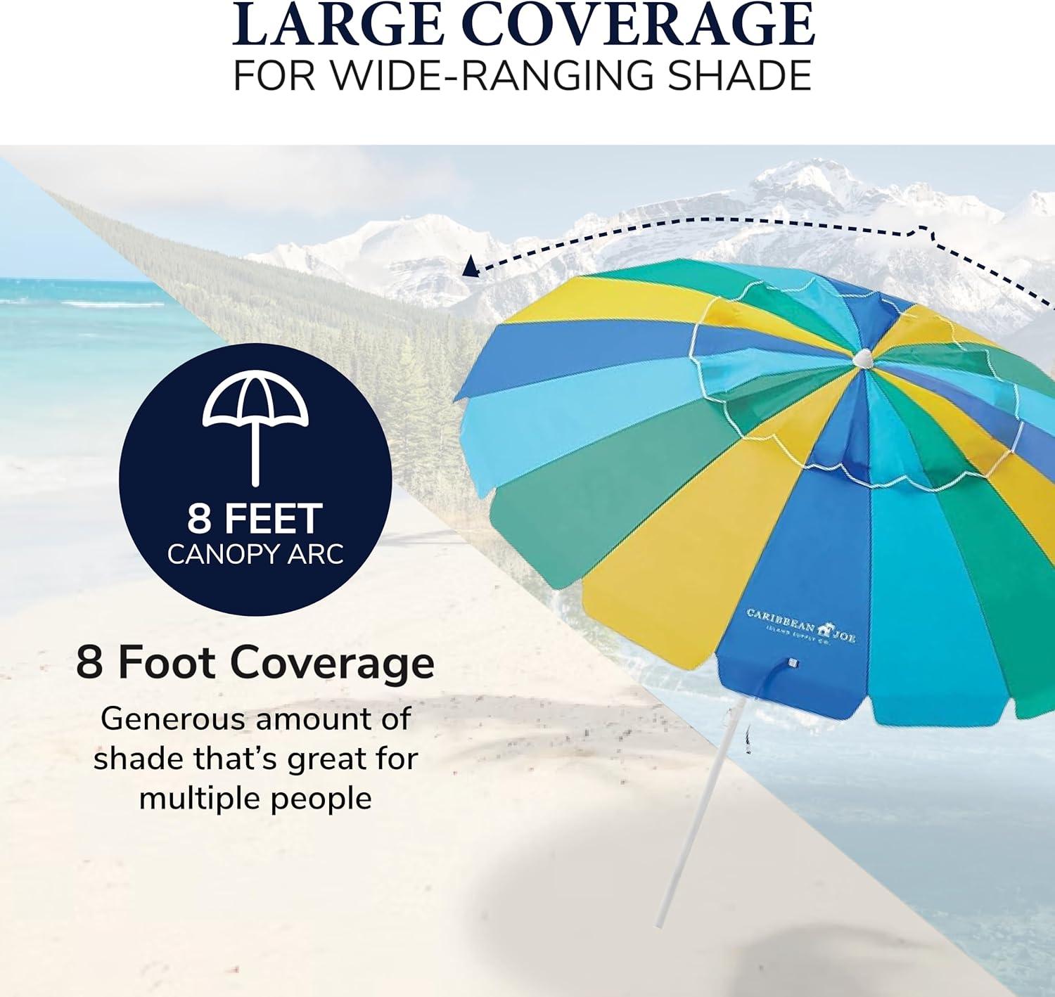 Caribbean Joe 8ft Beach Umbrella with UV Protection, Vented Canopy