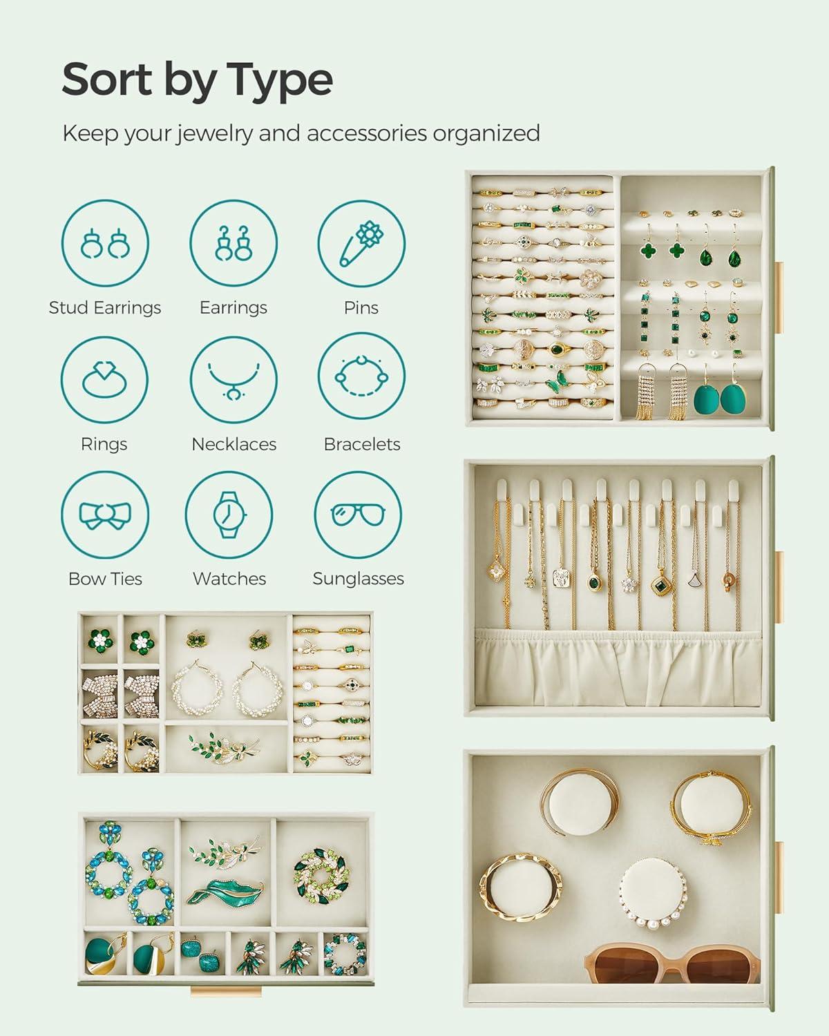 SONGMICS Jewelry Box with Glass Window, 5-Layer Jewelry Organizer with 3 Side Drawers, Jewelry Storage, with Big Mirror, Modern, 6.1 x 10.3 x 12.6 Inches, Laurel Green and Metallic Gold UJBC162C02