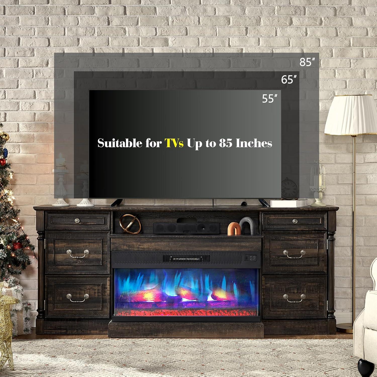 Alvilda 75" Farmhouse TV Stand with 36'' 3-Sided Glass Fireplace, 2 Drawers & Doors Closed Storage