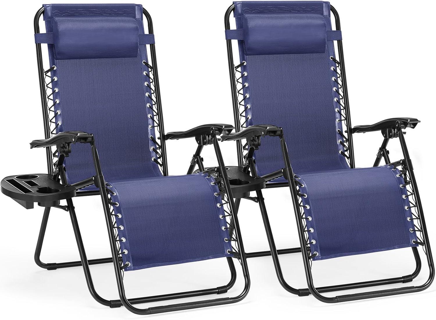 Zero Gravity Chairs, Set of 2 Portable Recliner Beach Camping Patio Outdoor Folding Lounge Chair with Cup Holder Trays and Adjustable Pillow for Poolside, Garden, Backyard, Lawn (Black)