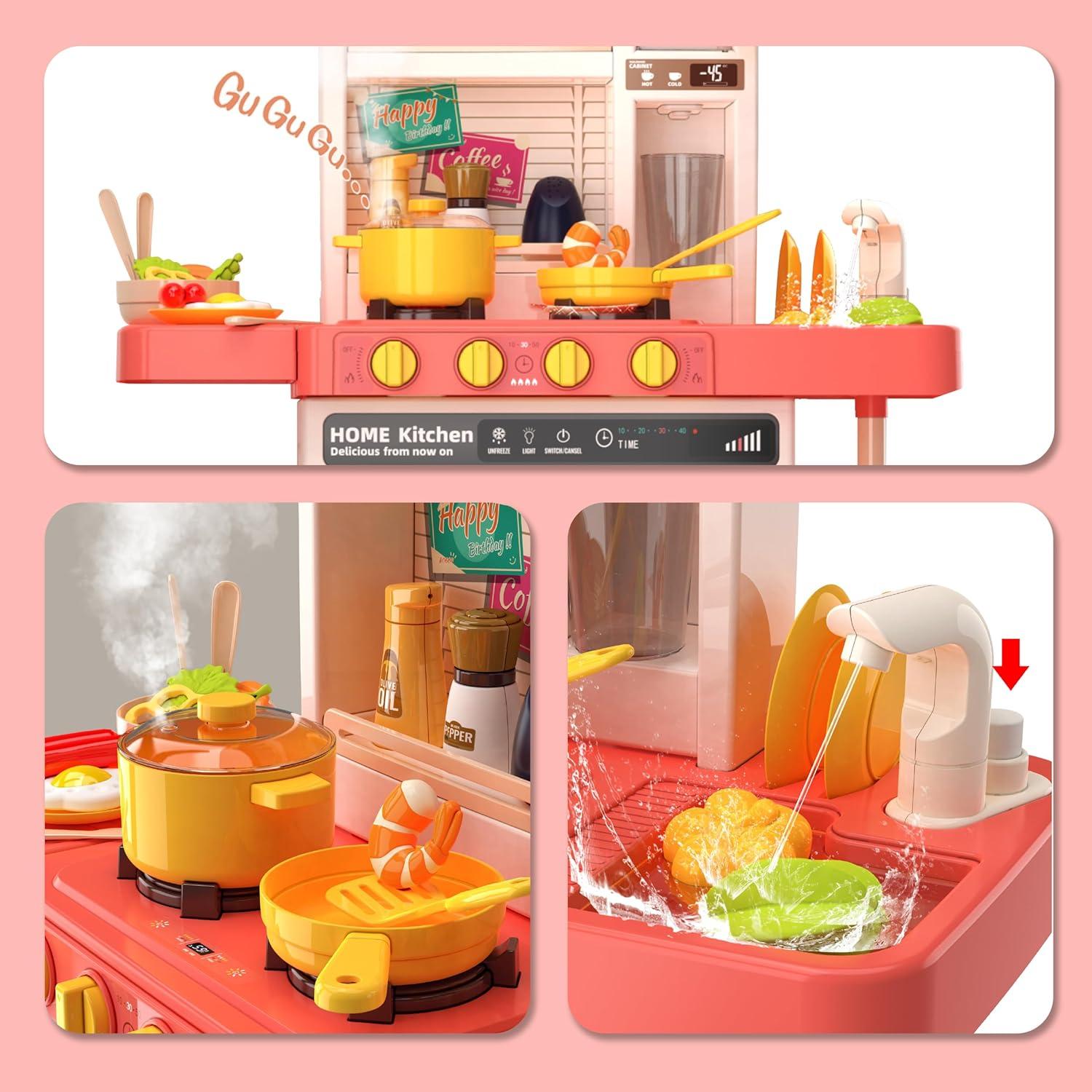 Koppop Kids Kitchen Playset 50pcs - with Sound, Light & Steam Effects, Pretend Play Toys Includes Food, Sink & Stove, Ideal for Boys & Girls Ages 3-6 (Red).