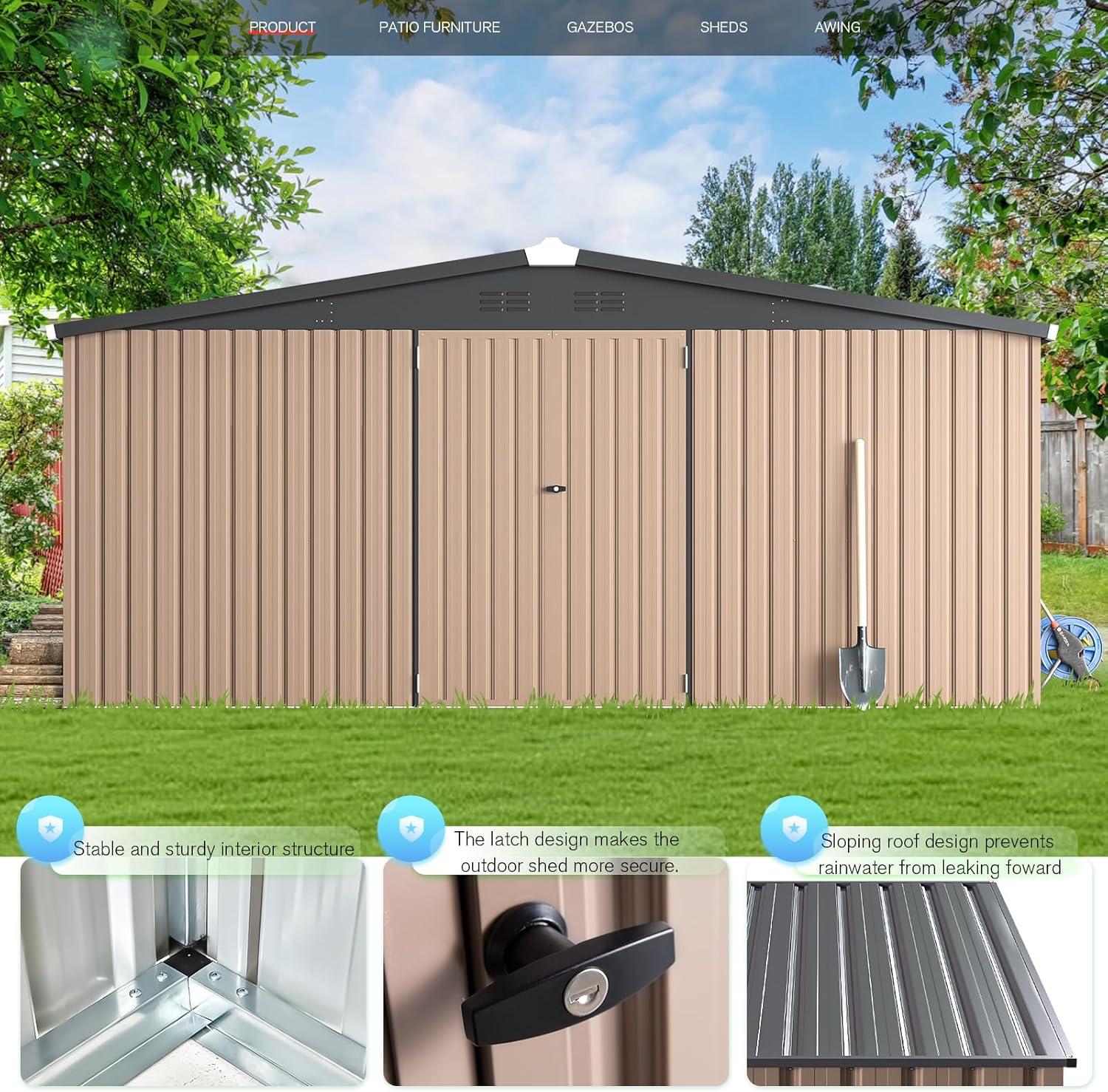 Taupe Large Metal Outdoor Storage Shed with Lockable Doors