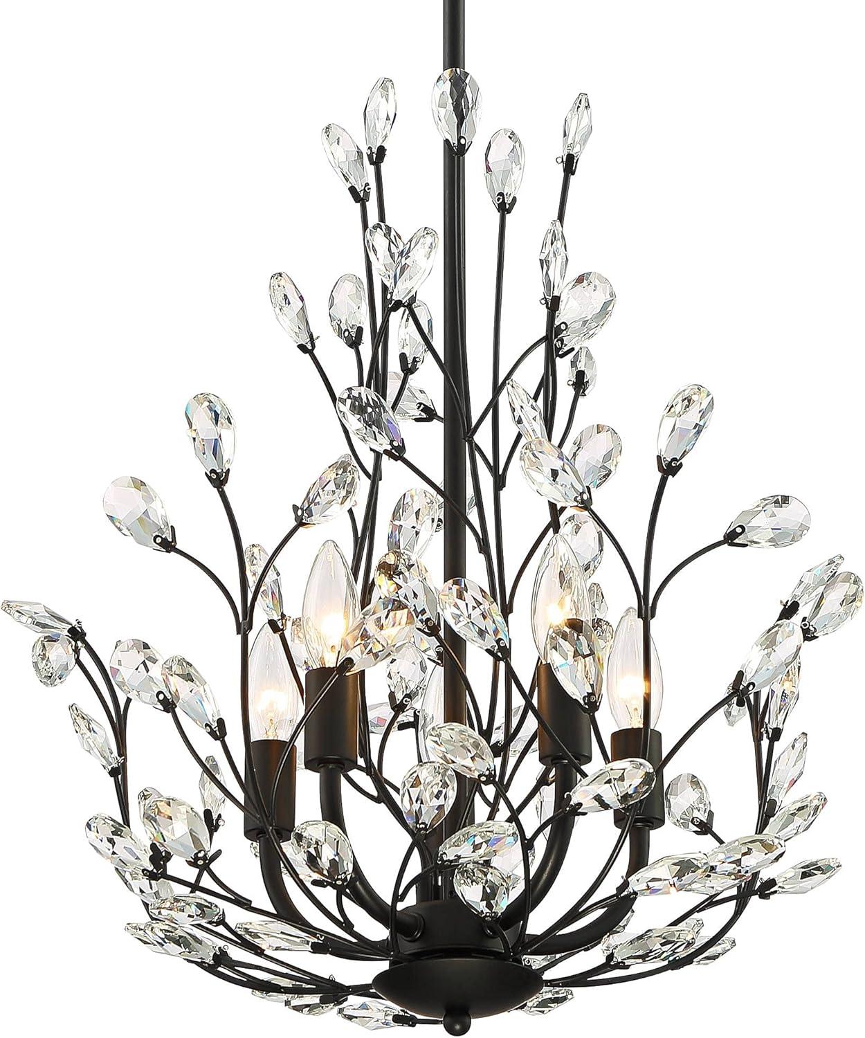 Regency Hill Aurine Matte Black Pendant Chandelier 18" Wide Modern Clear Crystal Glass Leaf 5-Light Fixture for Dining Room Foyer House Kitchen Island