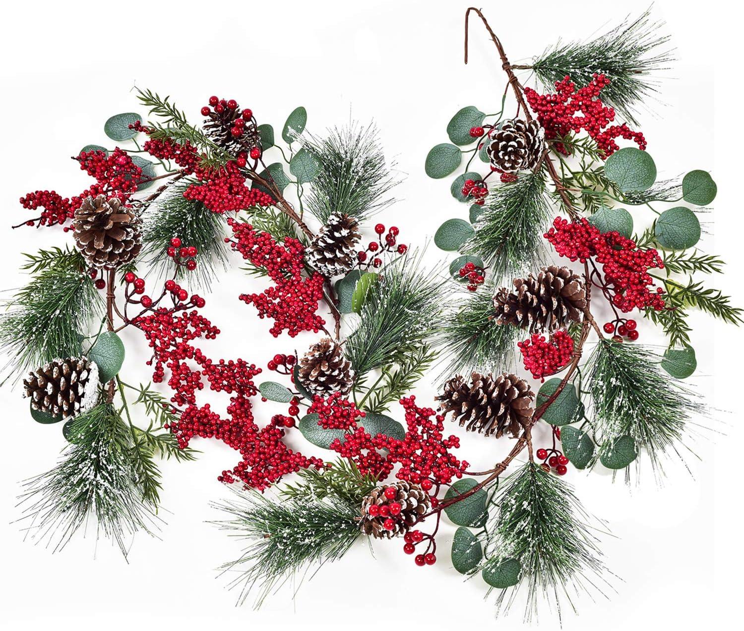 Christmas Garland Red Berry, Artificial Pine Needle Holiday Greenery (Evergreen) Unlit Fireplace Mantle Décor & Home Xmas Decoration Indoor/Outdoor Decorations 6 Feet Long (6ft) Clearance