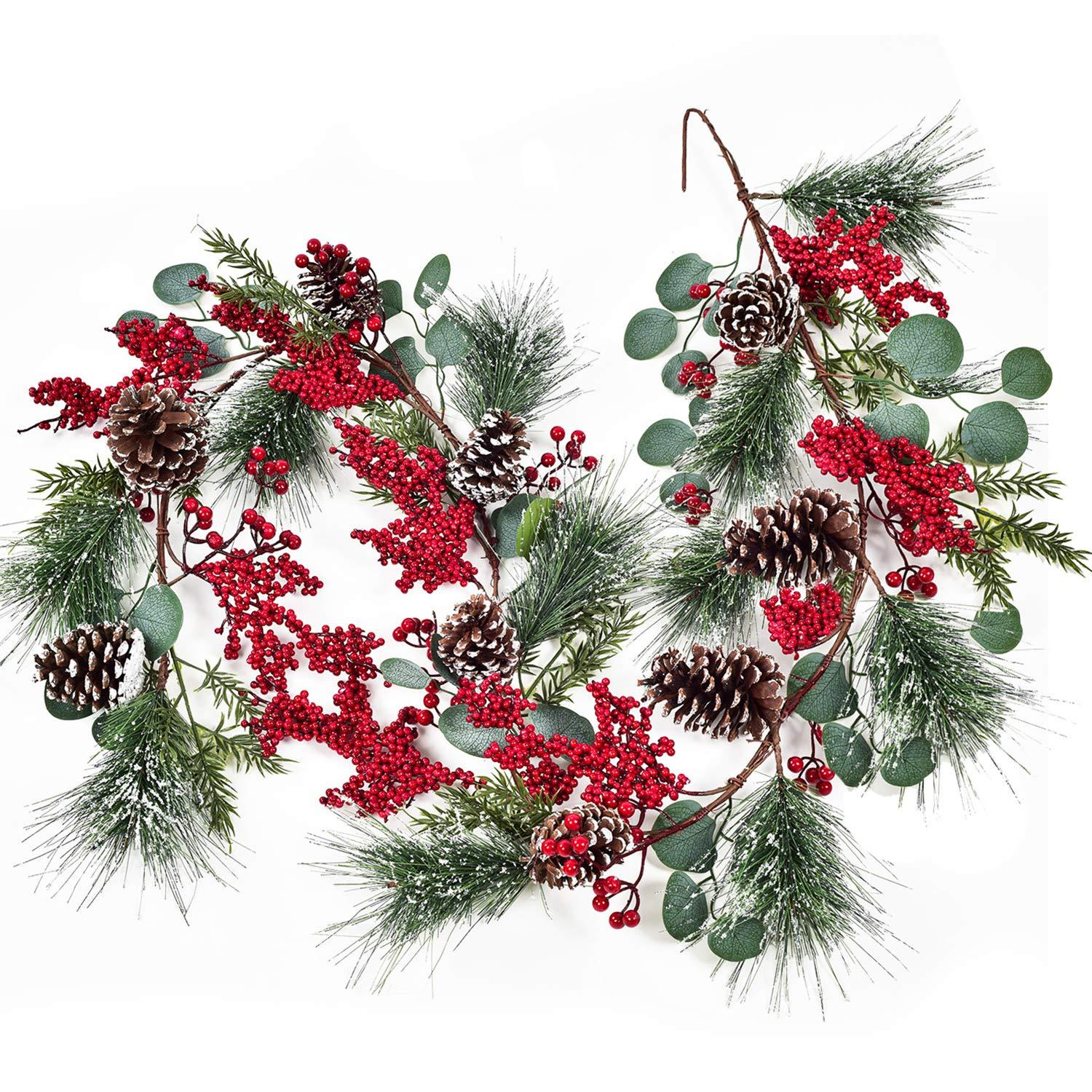 Christmas Garland Red Berry, Artificial Pine Needle Holiday Greenery (Evergreen) Unlit Fireplace Mantle Décor & Home Xmas Decoration Indoor/Outdoor Decorations 6 Feet Long (6ft) Clearance