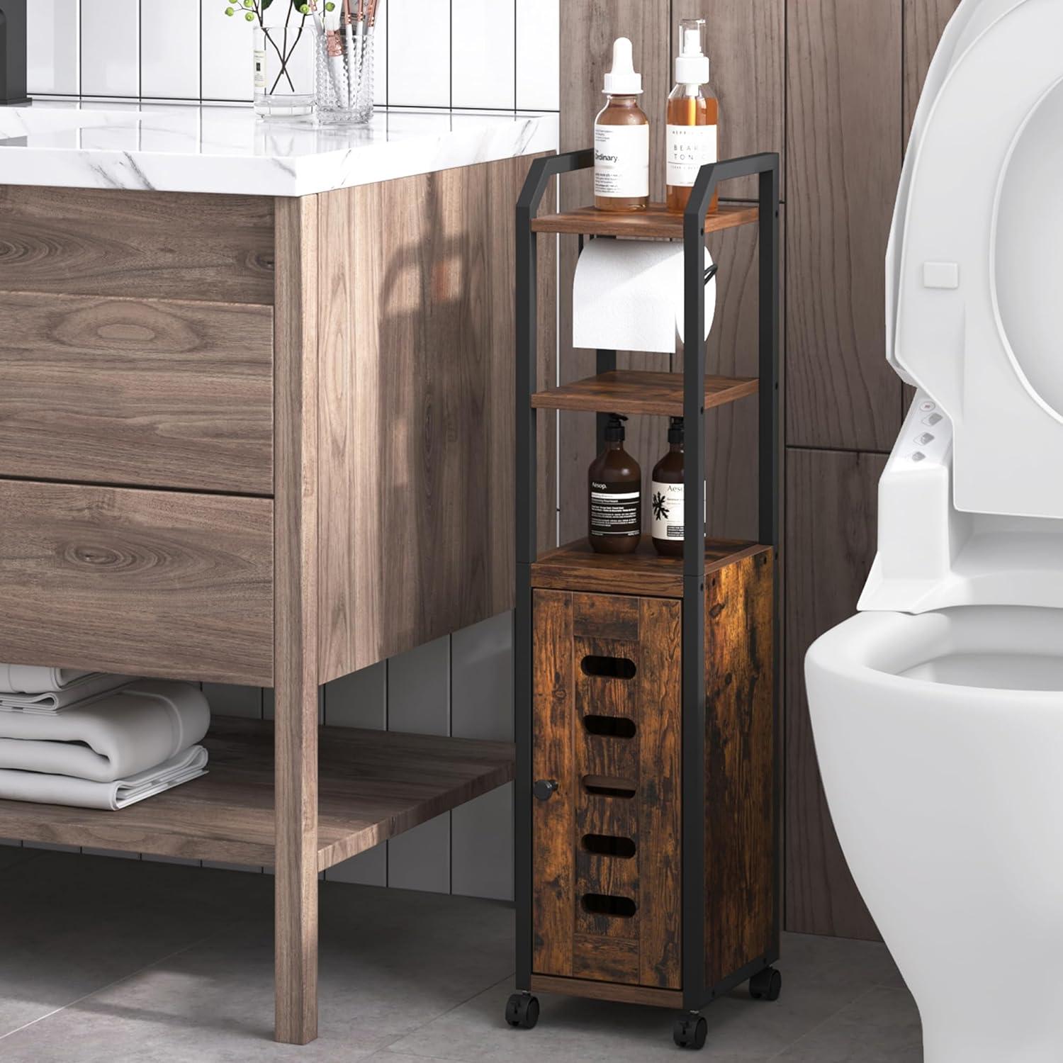 Rustic Brown and Black Bathroom Storage Cabinet with Wheels