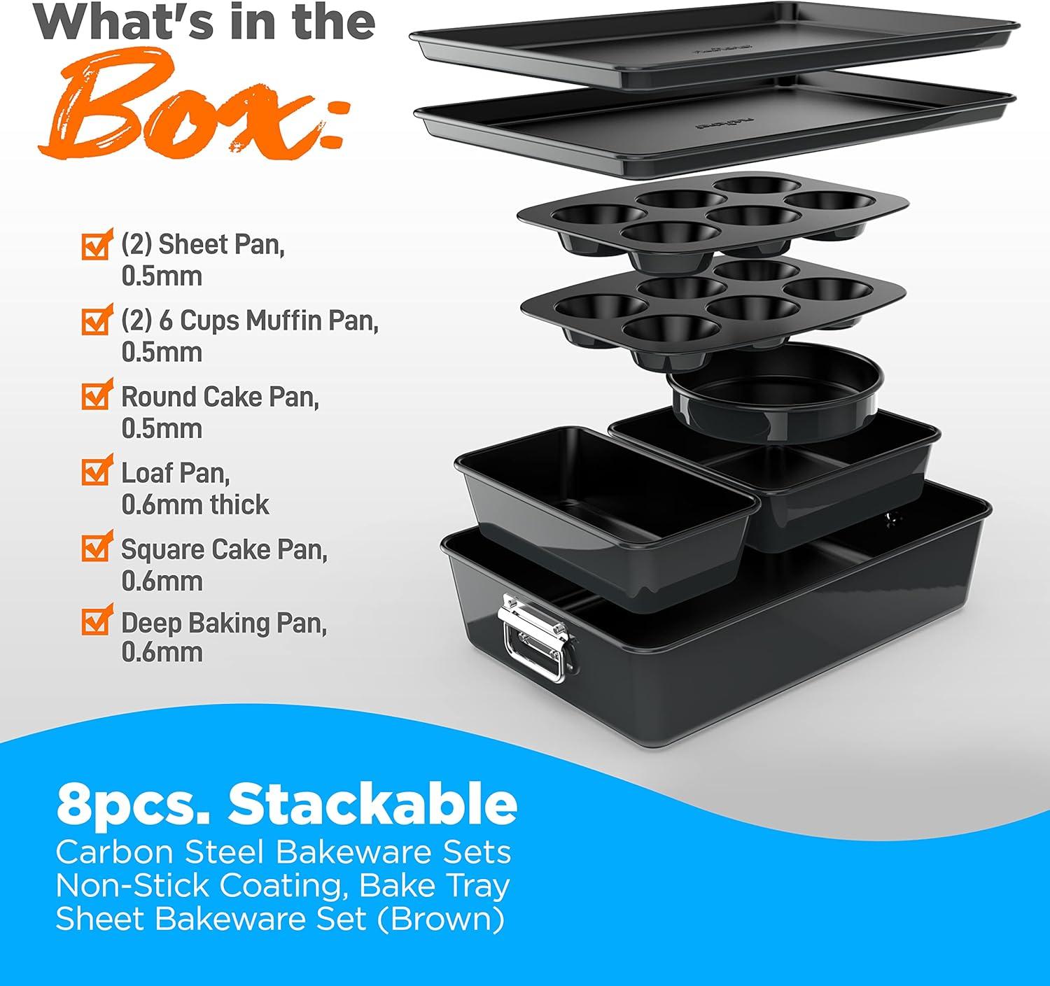 NutriChef 8-Piece Nonstick Stackable Bakeware Set - Pfoa, Pfos, Ptfe Free Baking Tray Set W/ Non-Stick Coating, 450°F Oven Safe, Round Cake, Loaf, Muffin, Wide/Square Pans, Cookie Sheet