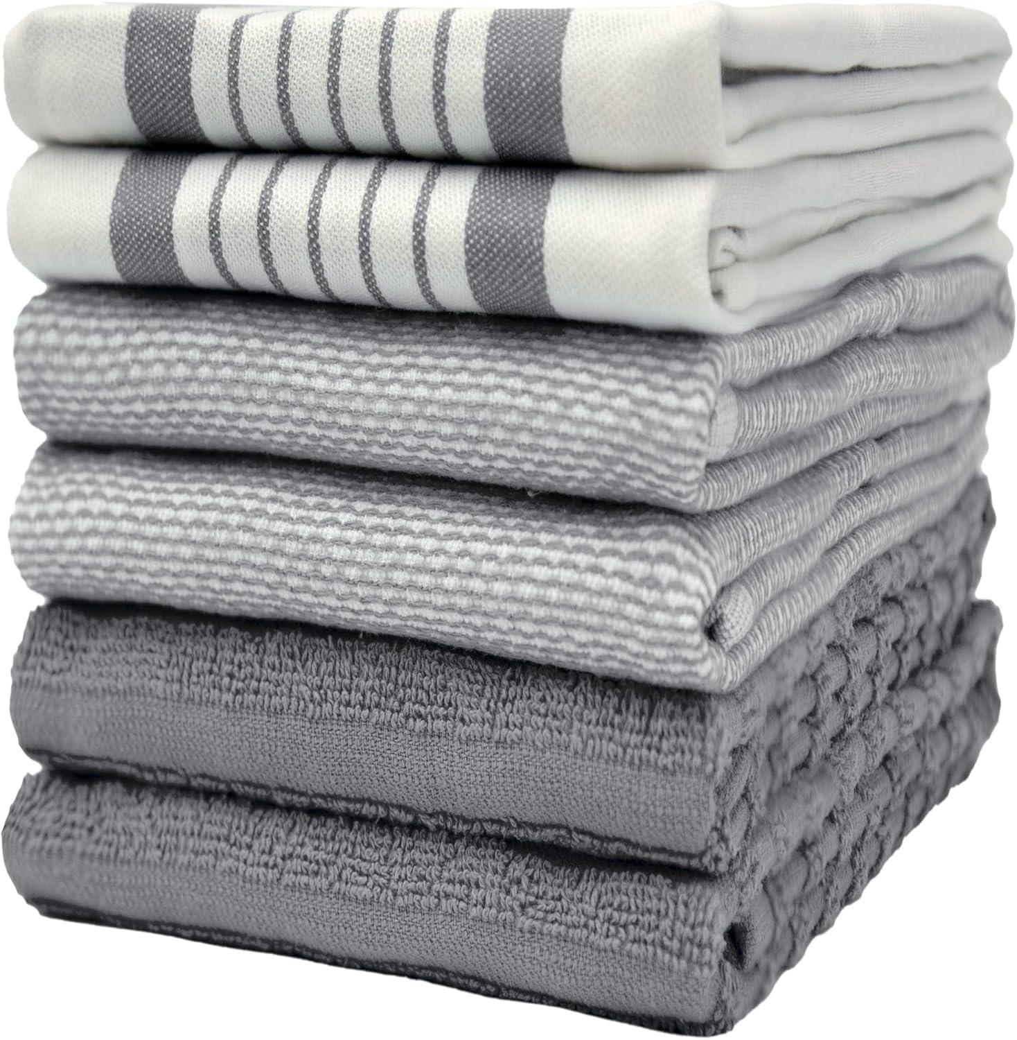 Bumble Premium Kitchen Hand Towels | 100% Cotton 16” x 26” | Absorbent Dish Cloths | 6 Pack (Grey)