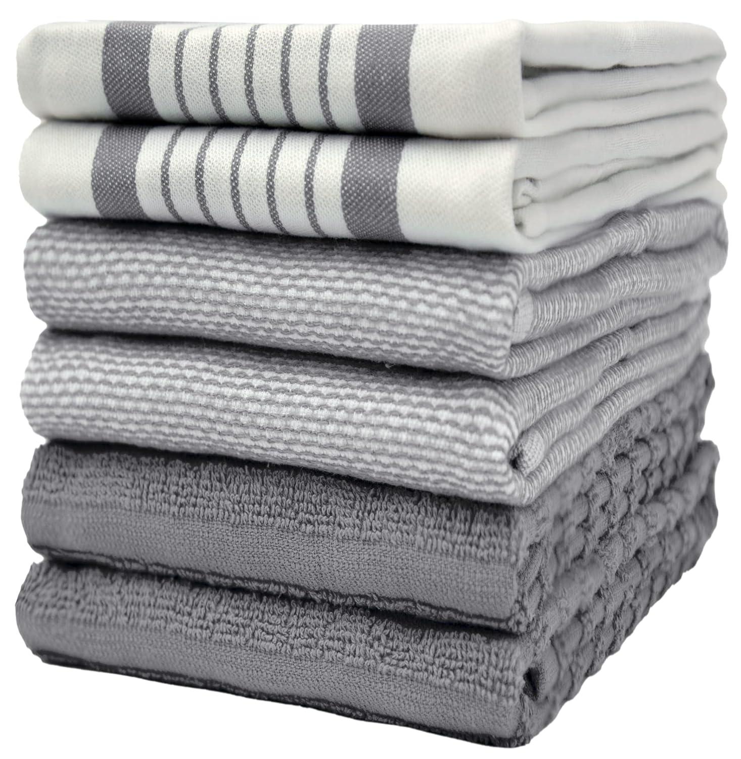 Bumble Premium Kitchen Hand Towels | 100% Cotton 16” x 26” | Absorbent Dish Cloths | 6 Pack (Grey)