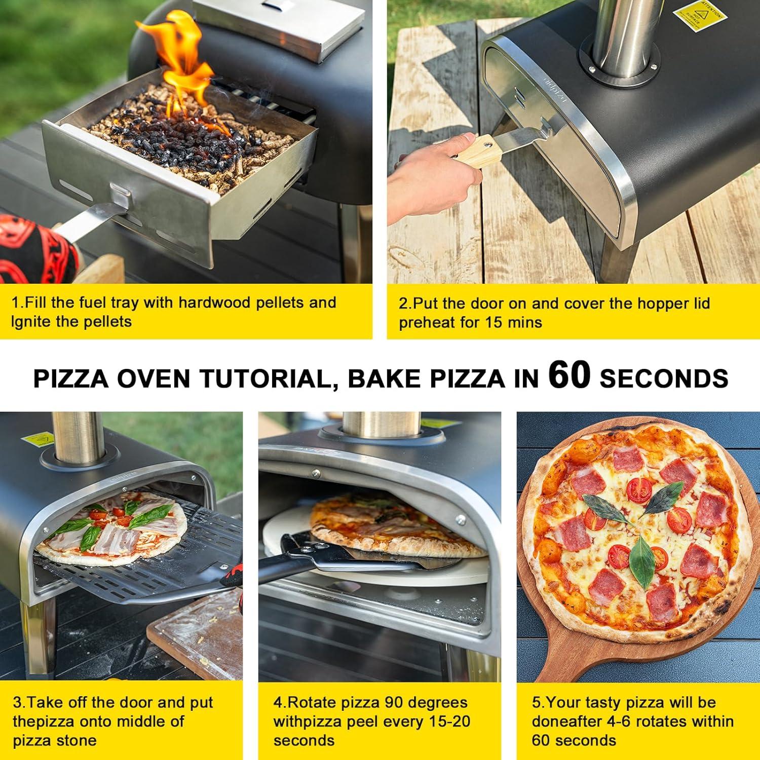 Pizza Oven Outdoor 12" Wood Fired Pizza Ovens Pellet Pizza Stove for Outside, Portable Stainless Steel Pizza Oven for Backyard Pizza Maker Portable Mobile Outdoor Kitchen (Swivel Grey)