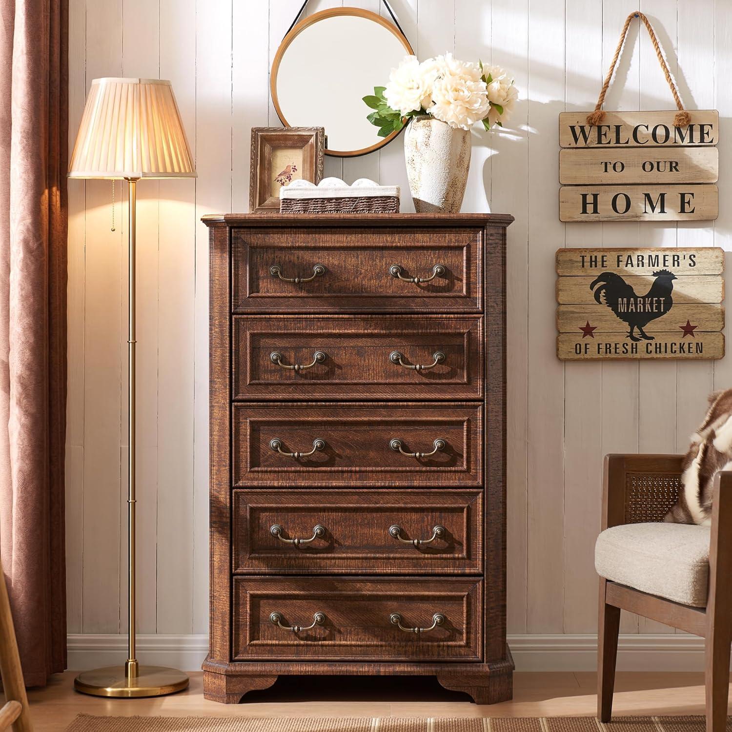 Laurel Foundry Modern Farmhouse® Theron Farmhouse 5 Drawer Bedroom Dresser, Wood Tall Chest of Drawers, Closet Storage for Bedroom