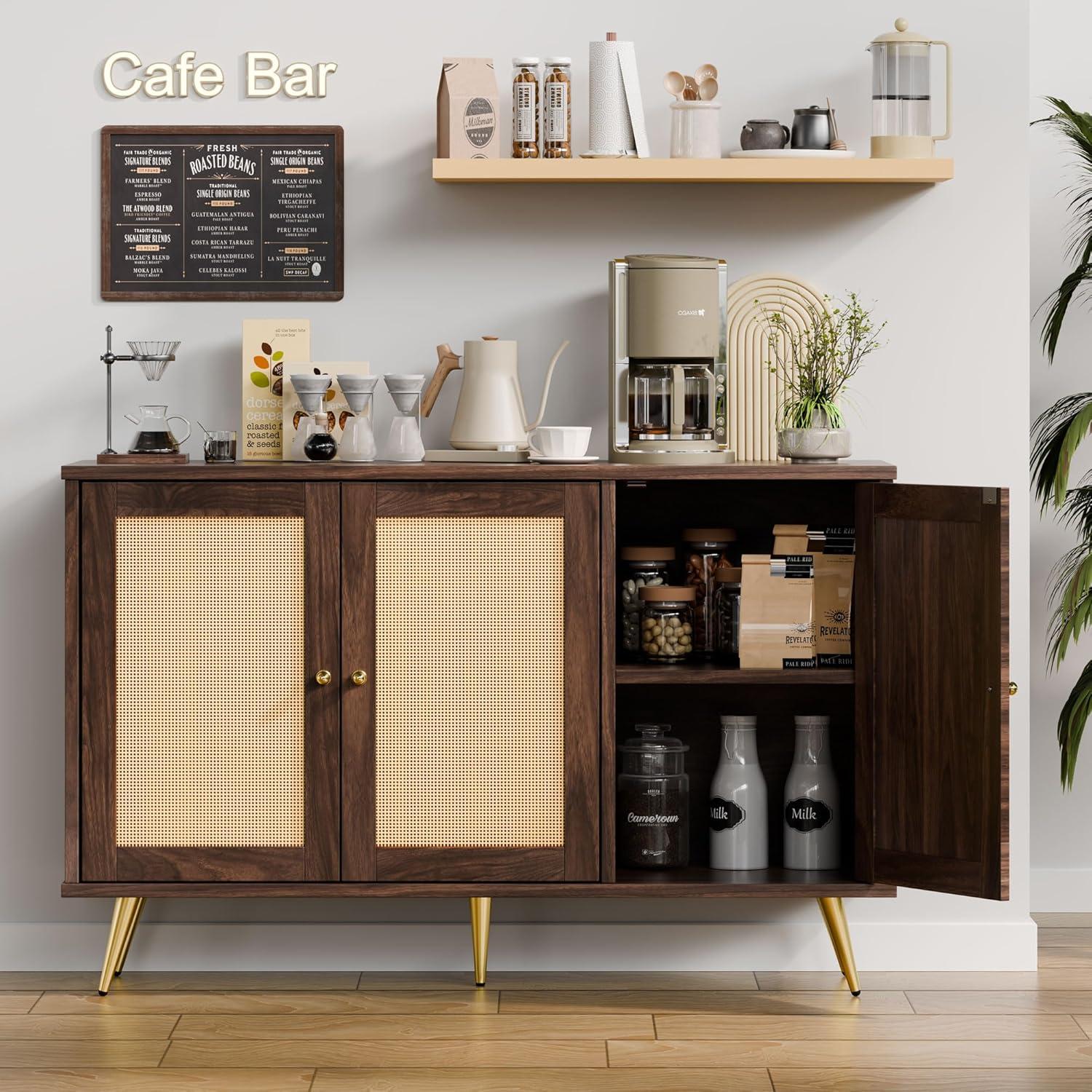 Walnut and Rattan 3-Door Accent Storage Cabinet