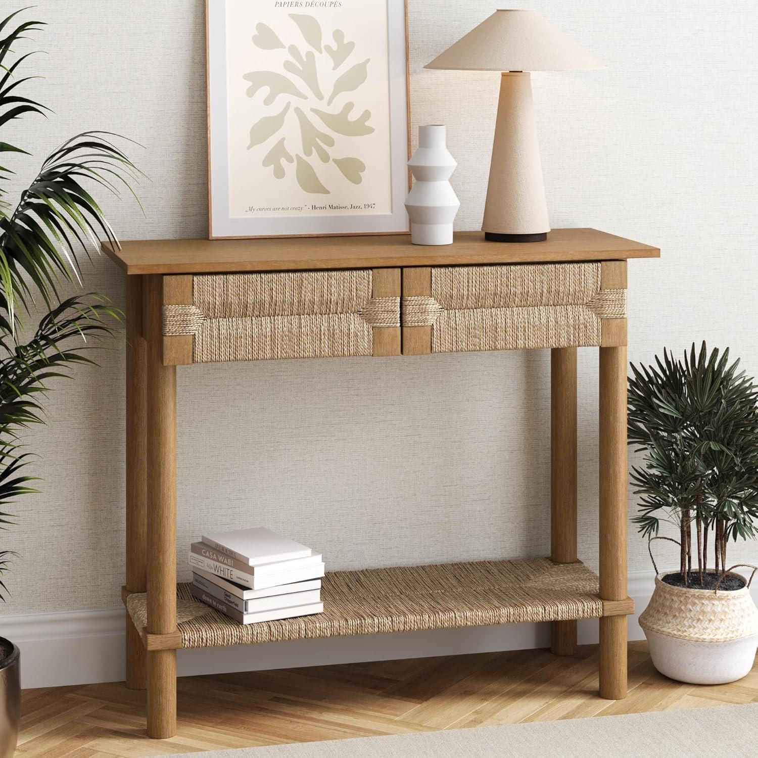 Beacon Light Brown Wood Console Table with Seagrass Storage