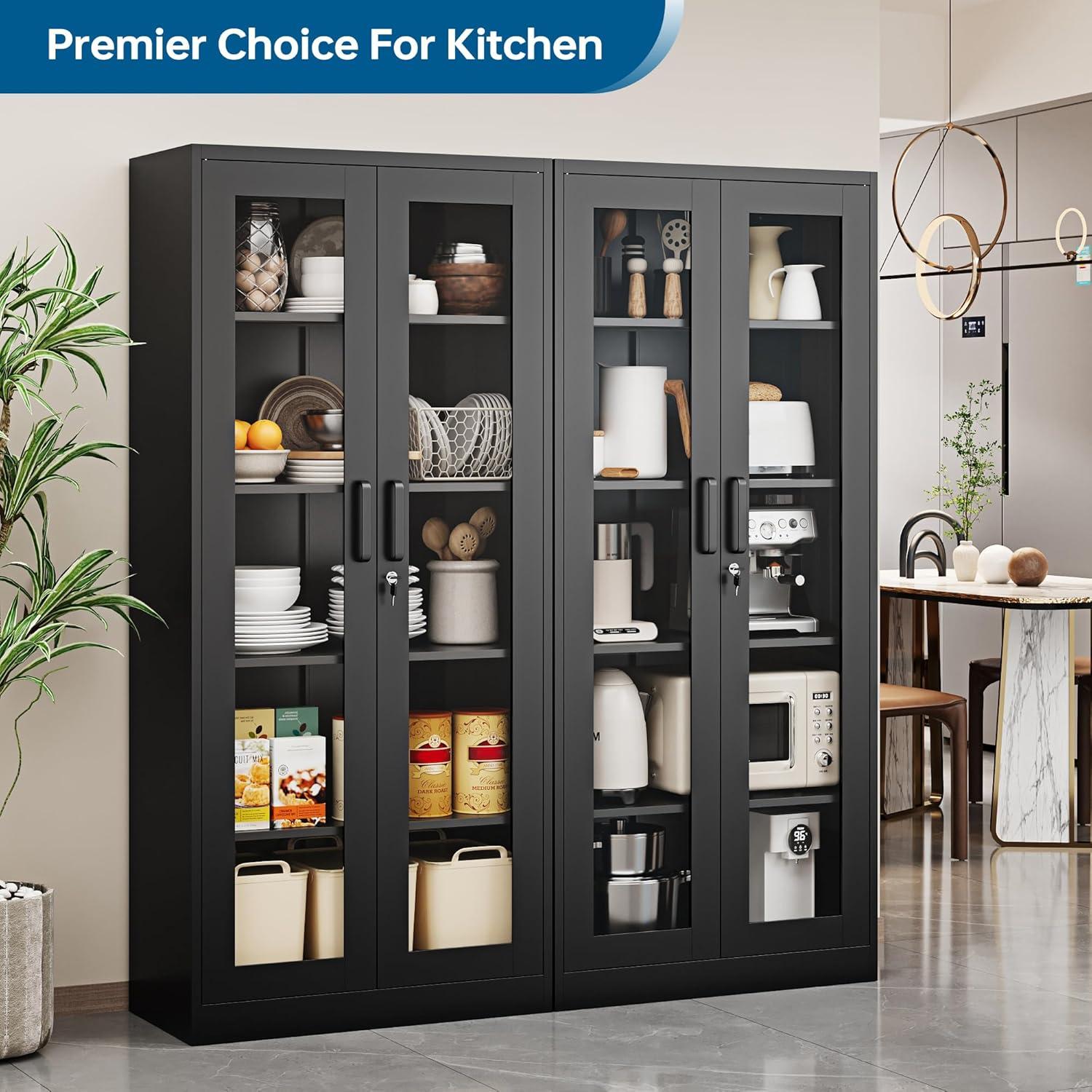 Display Cabinet With Glass Doors, Curio Cabinets With 4 Adjustable Shelves, Locking Glass Cabinet Display Case For Home, Office, Clinic, Pantry, Assemble Required