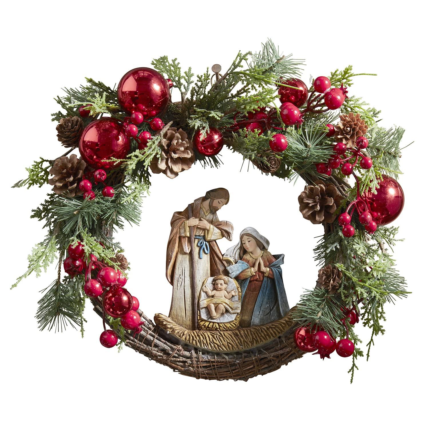 15-Inch Pine Cone and Grapevine Christmas Wreath with Nativity Scene