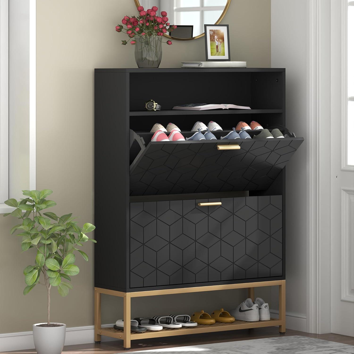 Shoe Cabinet with 2 Flip Drawers, Free Standing Tipping Bucket Shoe Rack Organizer with Adjustable Shelf, Shoe Storage Cabinet