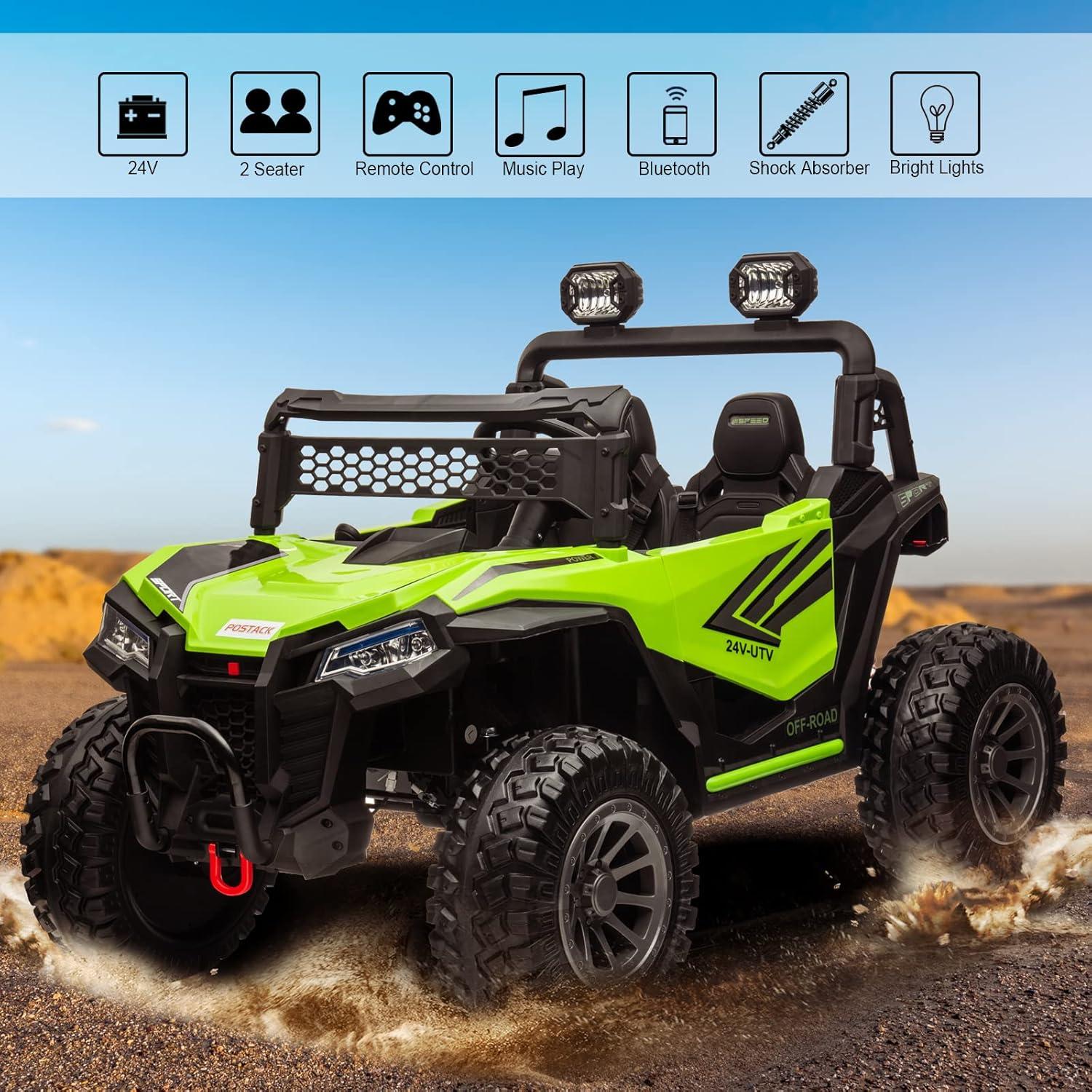 24V Ride on Car 2 Seater Ride on UTV 4X4 Off-Road UTV for Kids 4X200W Powerful Motor Kids' Electric Vehicles with Remote Control, Spring Suspension, Led Light, Bluetooth Music, Green