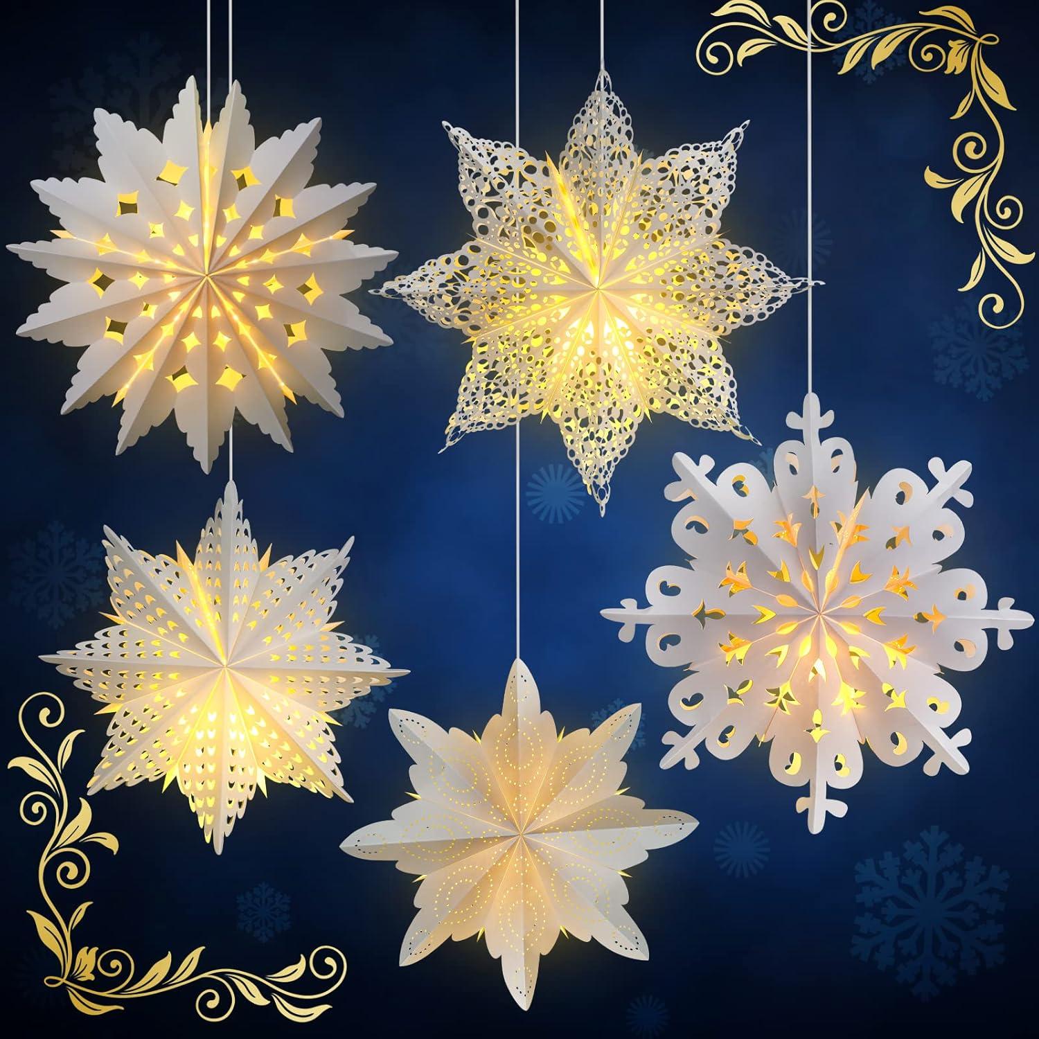 Mudder 5 Pieces Christmas Snowflake Paper Lantern with 7 Light up Star Paper 3D Hanging Lantern Lamp Party Decoration for Weddings Holiday Xmas Trees(Cute Style,White)