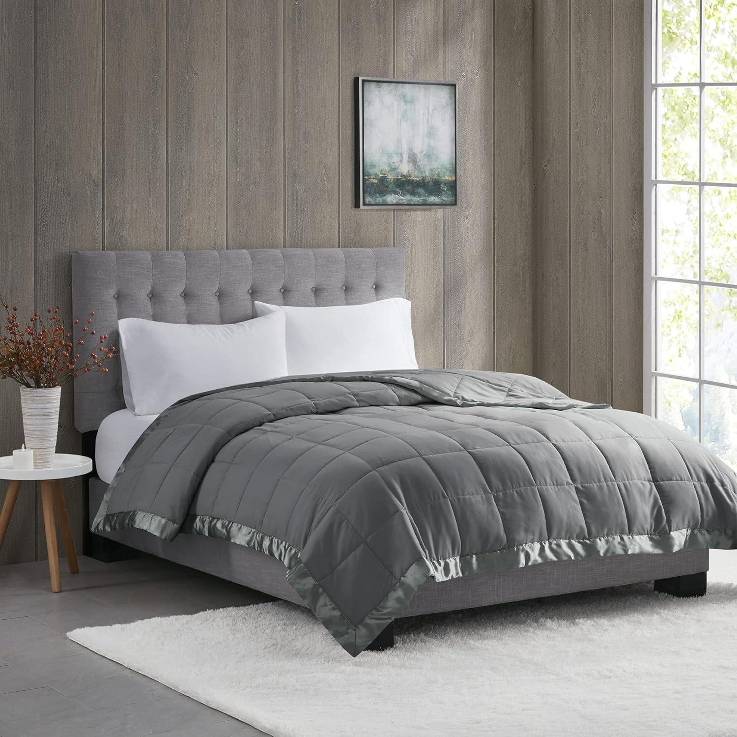 Luxurious Charcoal Full/Queen Down Alternative Blanket with Satin Trim