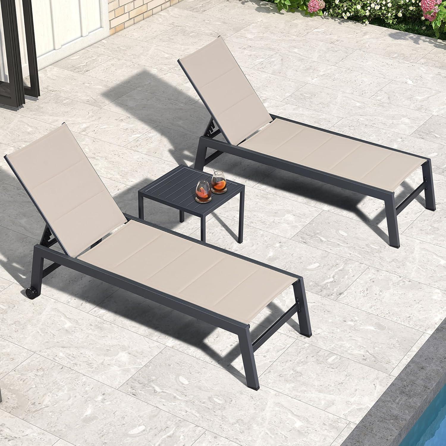 Beige Aluminum Outdoor Chaise Lounge Set with Side Table