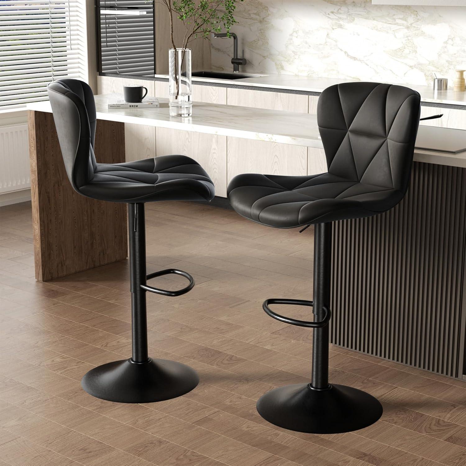 Black Adjustable Swivel Faux Leather Bar Stools Set of 2