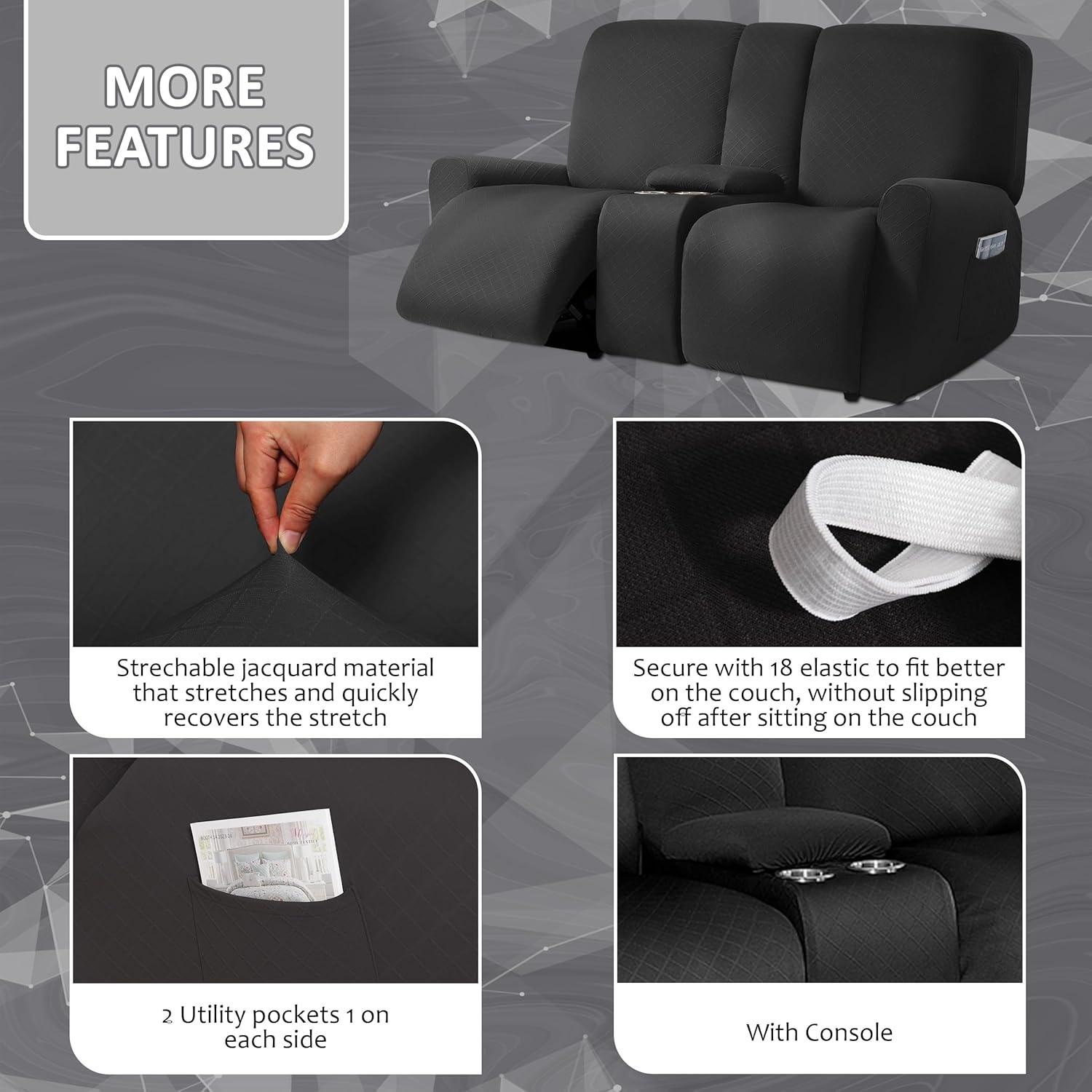 ULTICOR Squared Jacquard Design Reclining Loveseat with Middle Console Slipcover, 8-Piece Stretch Sofa Covers, 2 seat Loveseat Recliner Cover, Washable (Loveseat with Console Recliner Cover, Black)