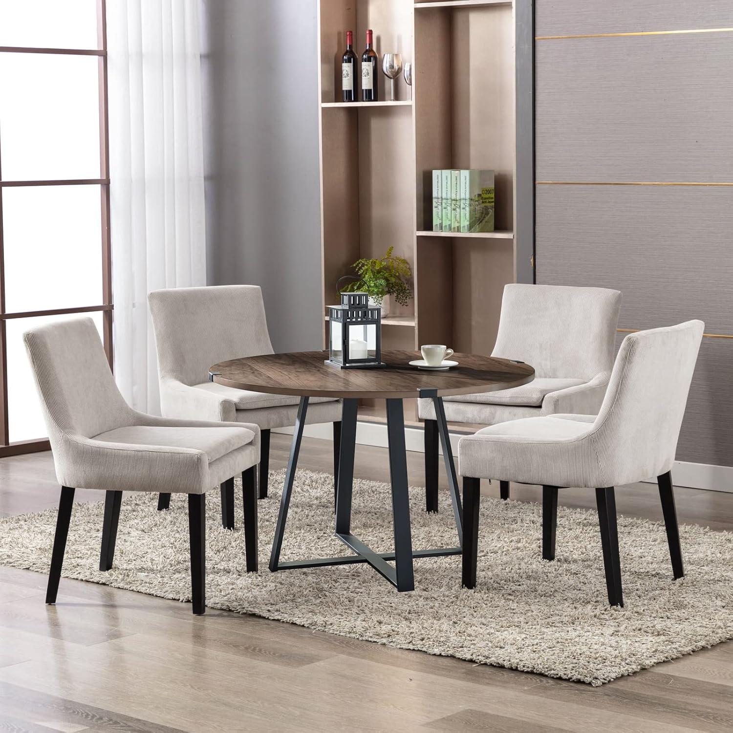 Beige Corduroy Upholstered Dining Chairs with Wood Legs, Set of 6
