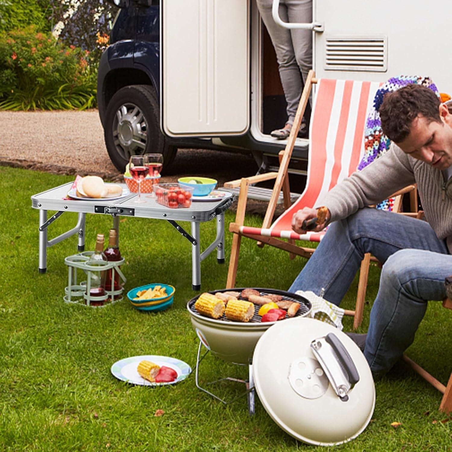 Small Folding Table 2FT Lightweight Portable Aluminum Camping Table for Picnic and Camping Mini Foldable with Adjustable Extended Height,Silver