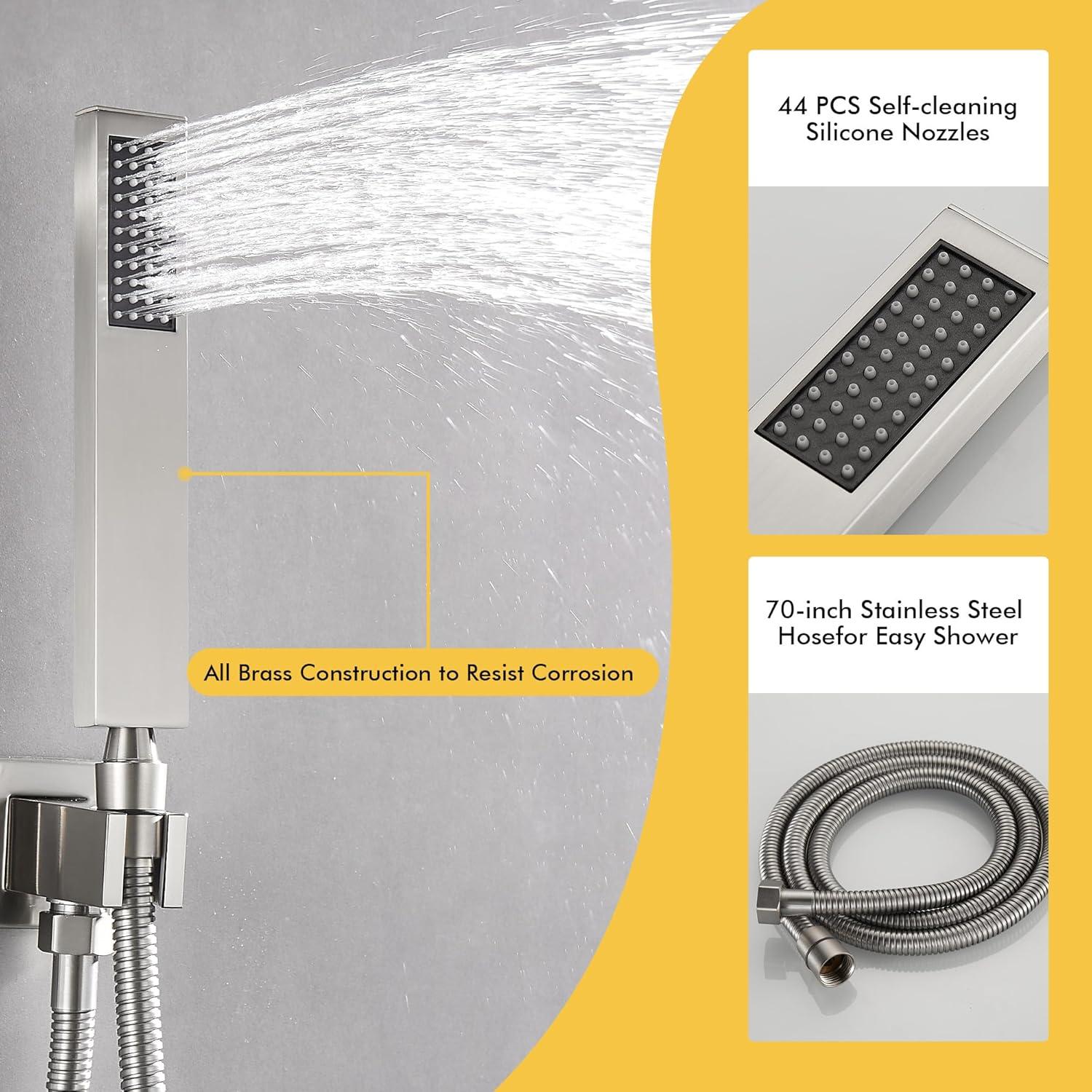 AWZTOO Wall Mounted Shower Faucet With Hand Shower Modern Shower System Set 10 Inch Rainfall Shower Head With Pressure Balance Valve Brushed Nickel