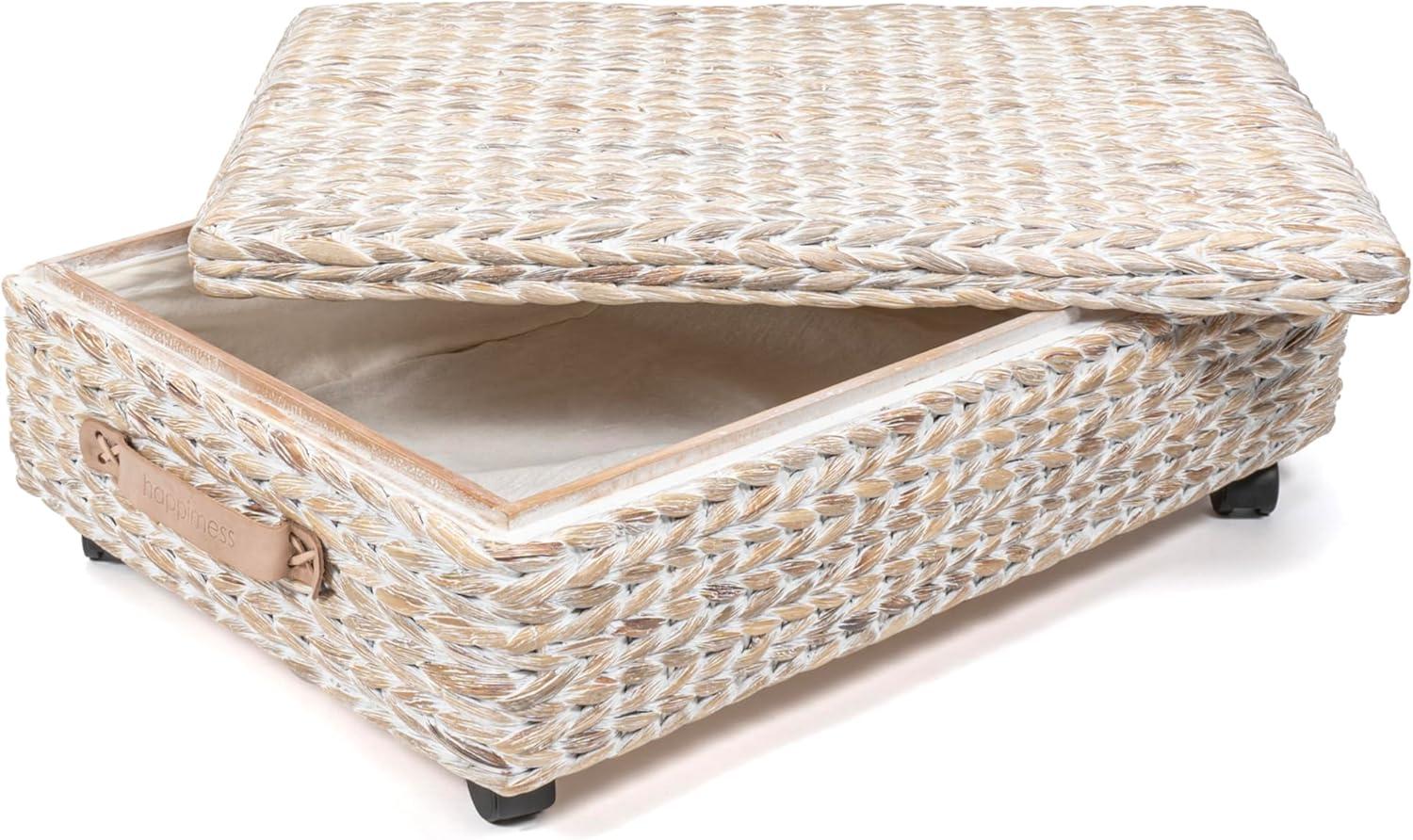 happimess Chett 26.38" Minimalist Hand-Woven Hyacinth/Wood Underbed Storage Bin with Wheels and Handles